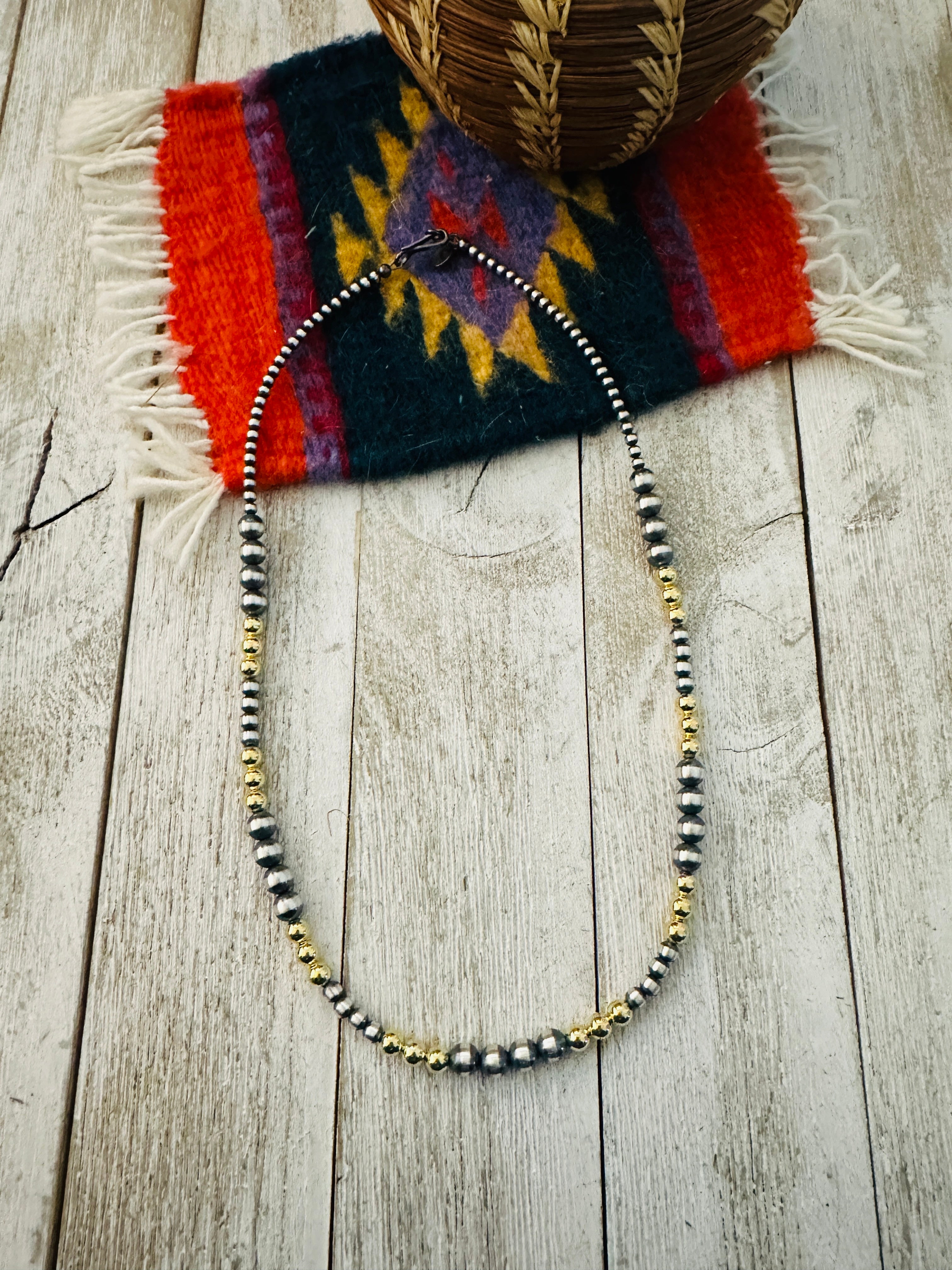 Navajo Sterling Silver & Gold Beaded 18” Necklace