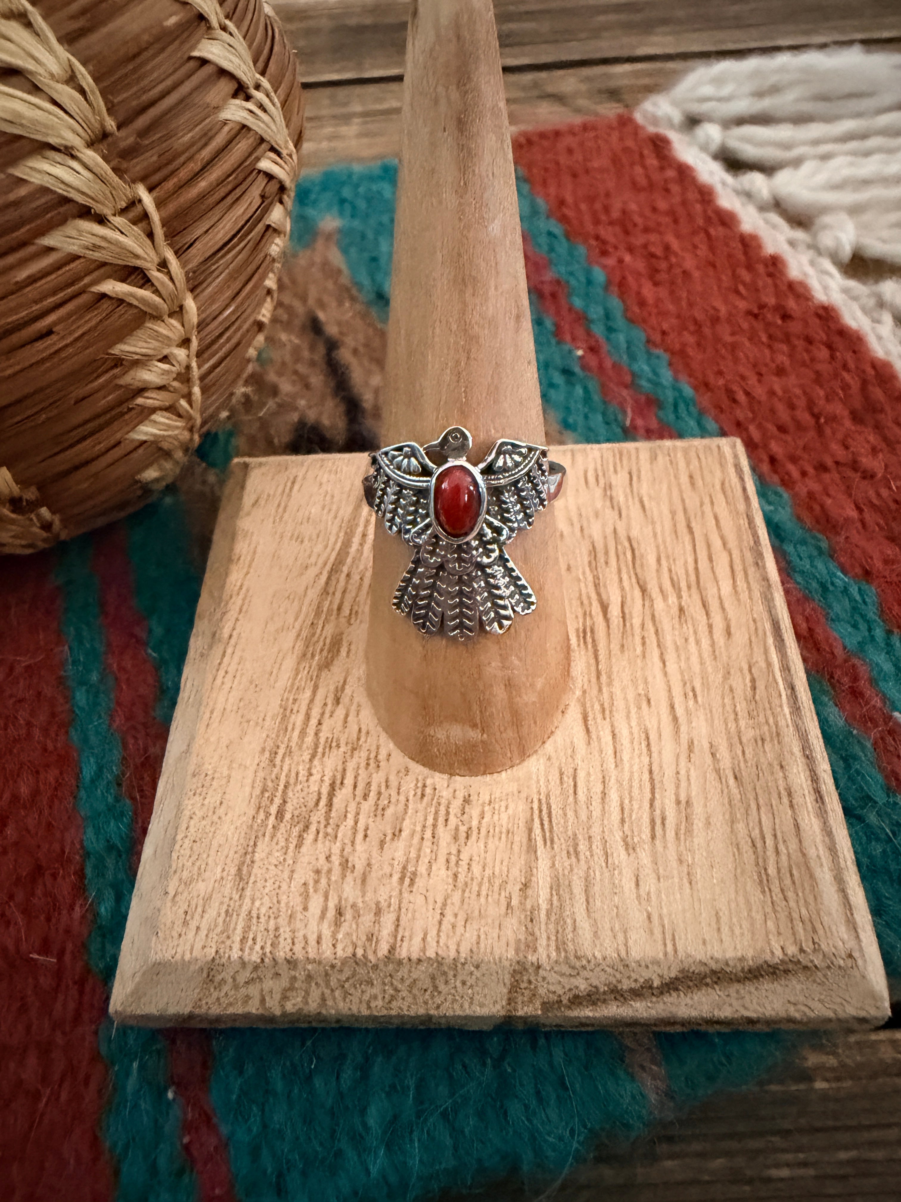 Handmade Sterling Silver and Coral Thunderbird Adjustable Ring "Signed Nizhoni"
