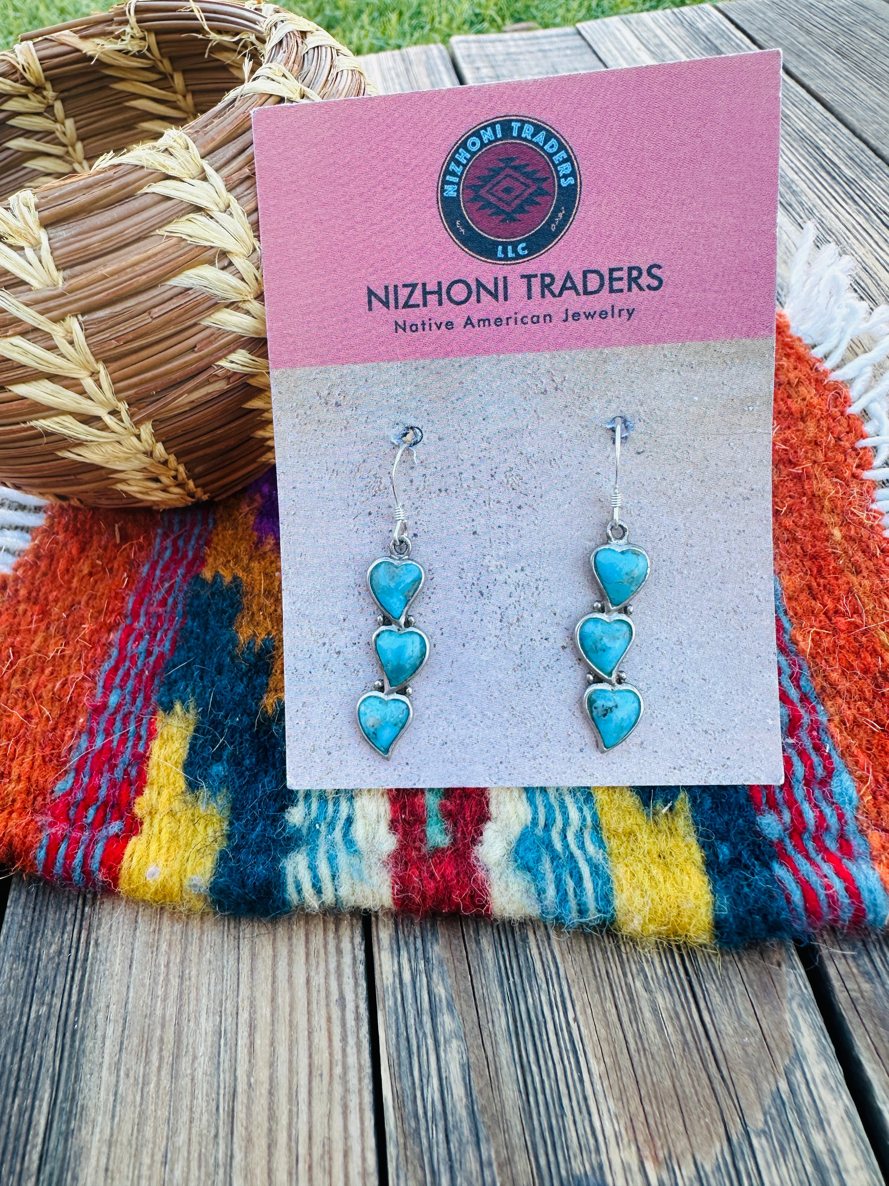 Handcrafted Old Pawn Sterling Silver & Turquoise Heart Dangle Earrings