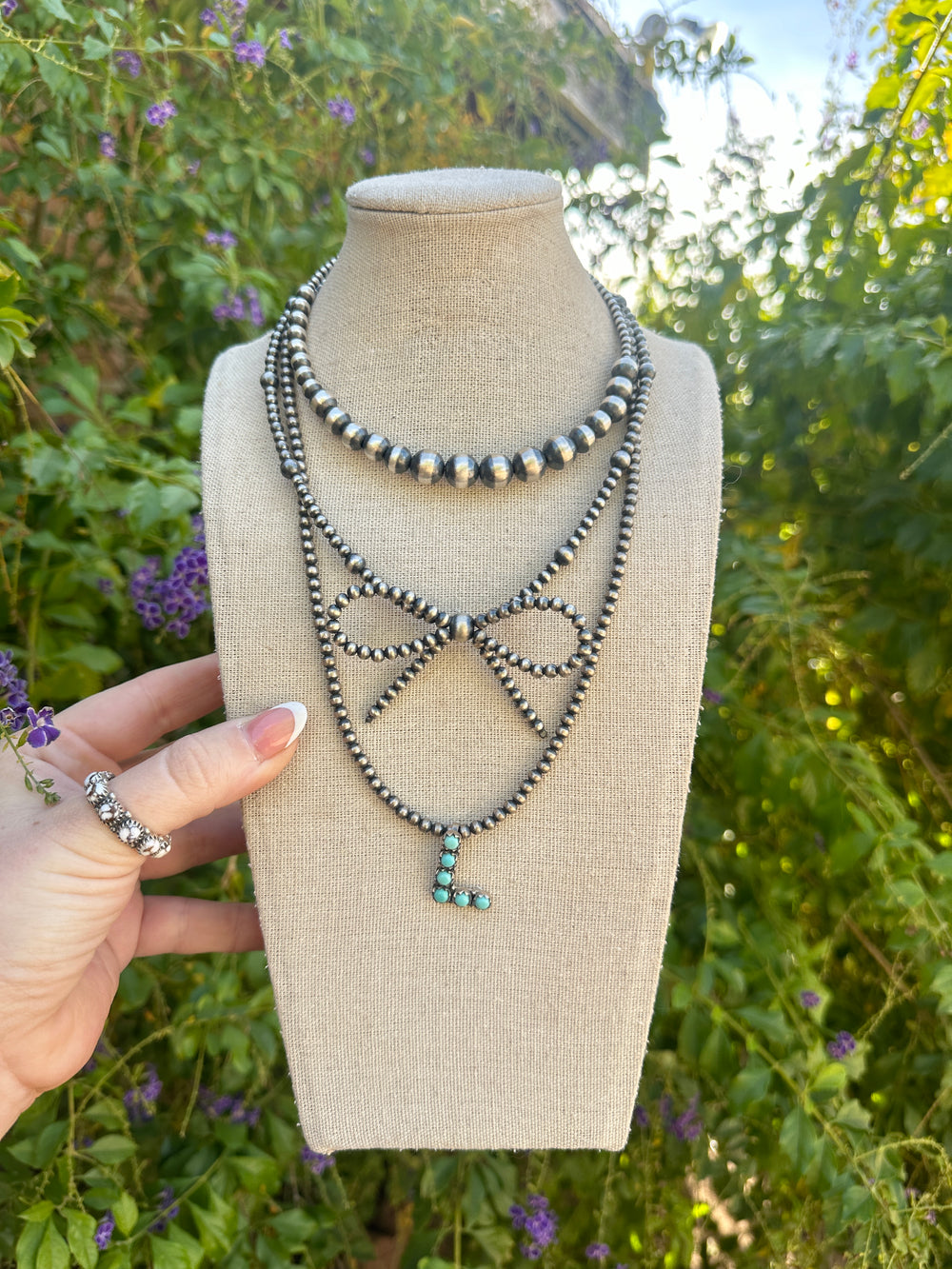 Handmade Sterling Silver Navajo Pearl Style Beaded  Bow Tie Necklace 16-18 inches