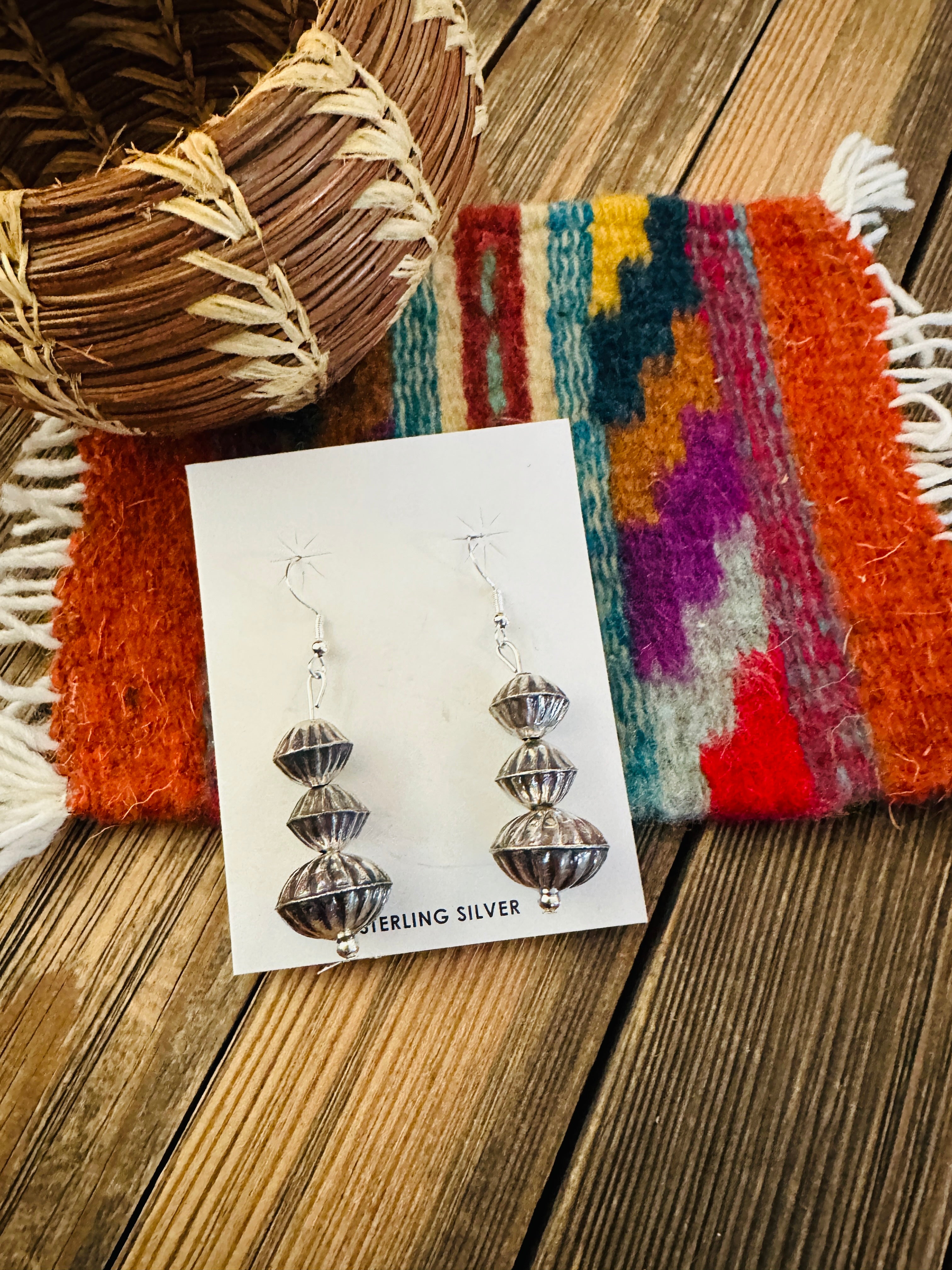 Hand Stamped Sterling Silver Beaded Dangle Earrings