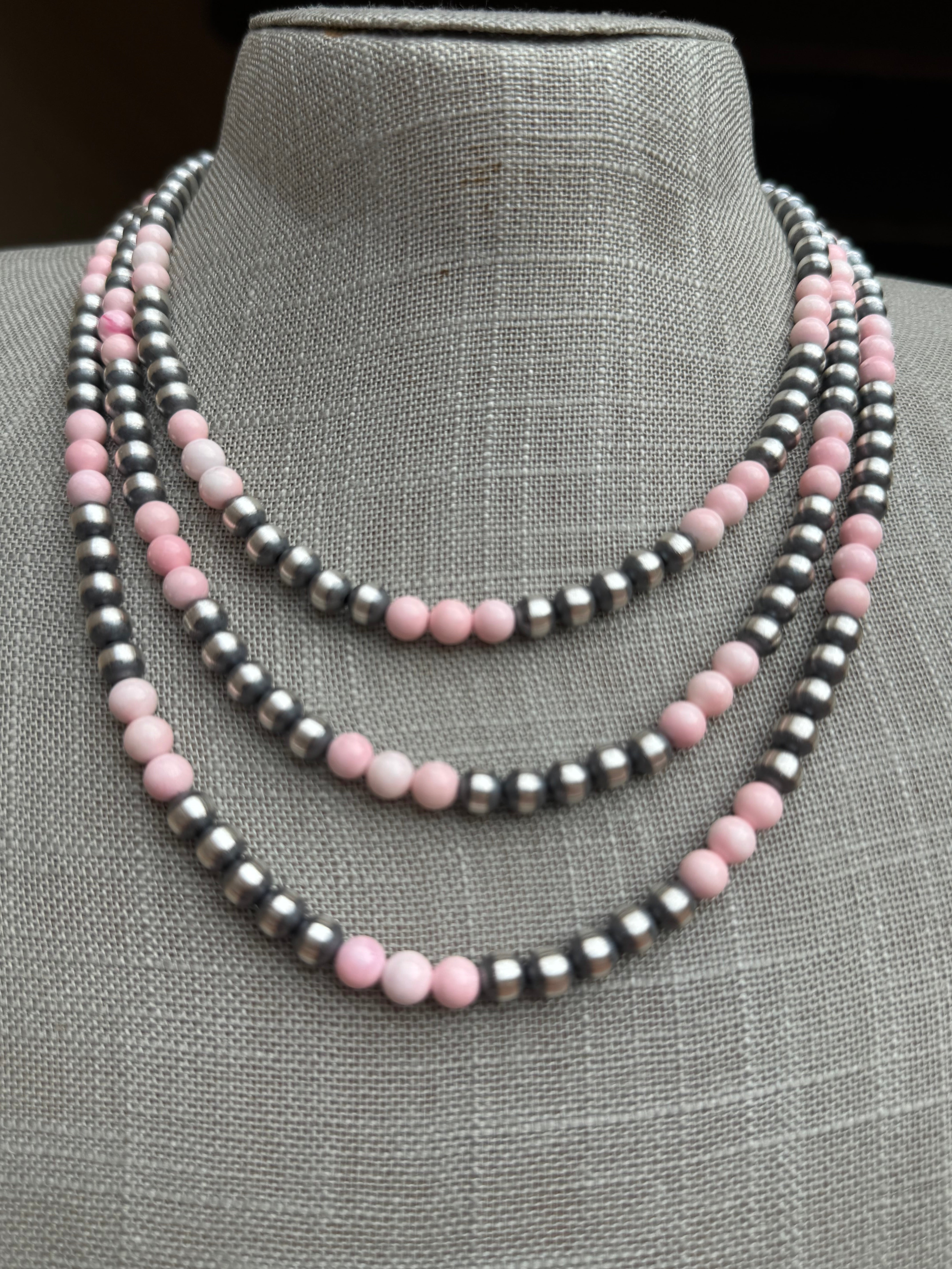 Handcrafted  Sterling Silver Pearl & Queen Pink Conch Beaded Necklace 6mm