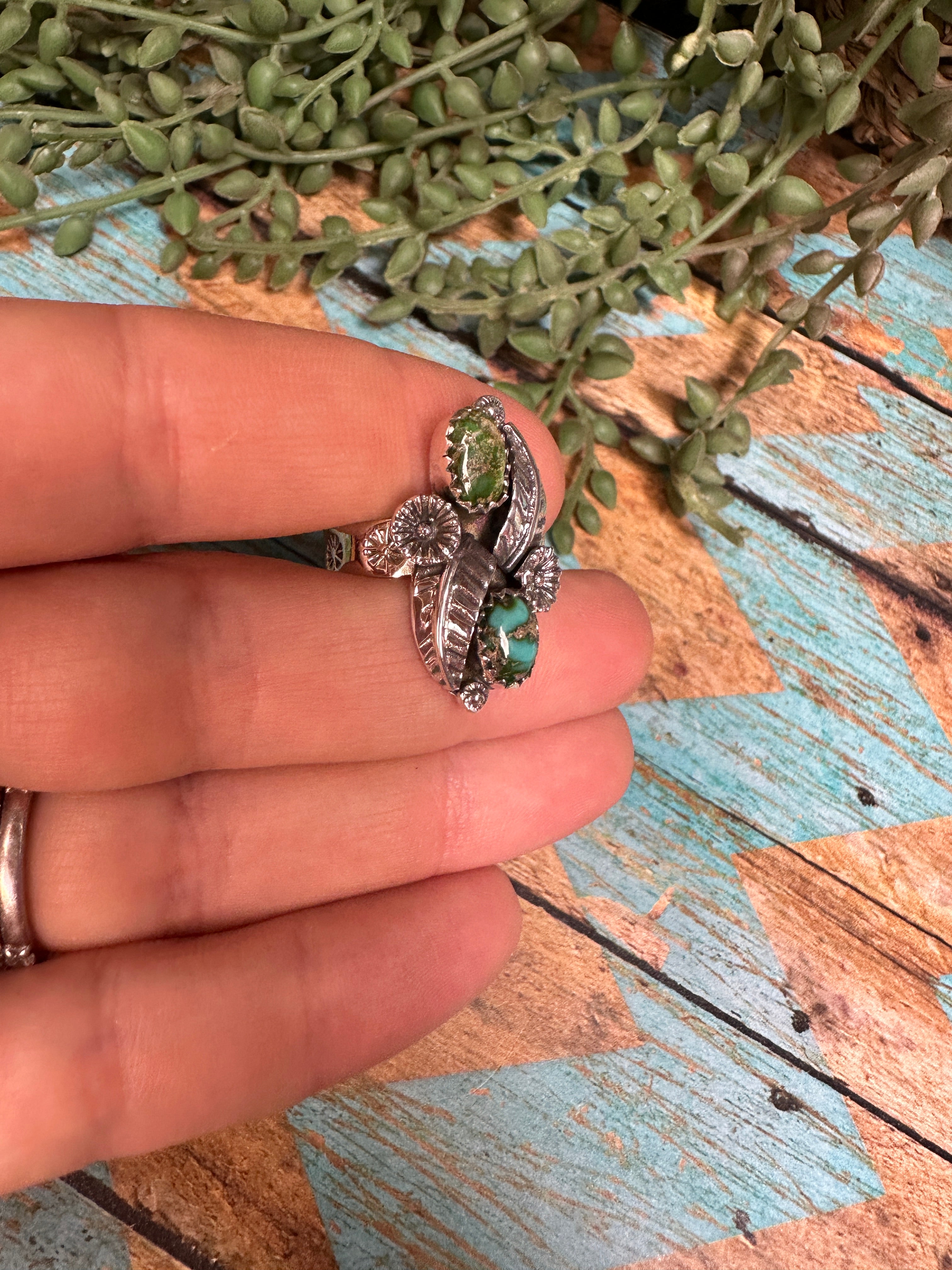 Beautiful Handmade Sonoran Mountain Turquoise And Sterling Silver Adjustable 2 Stone Flower Ring