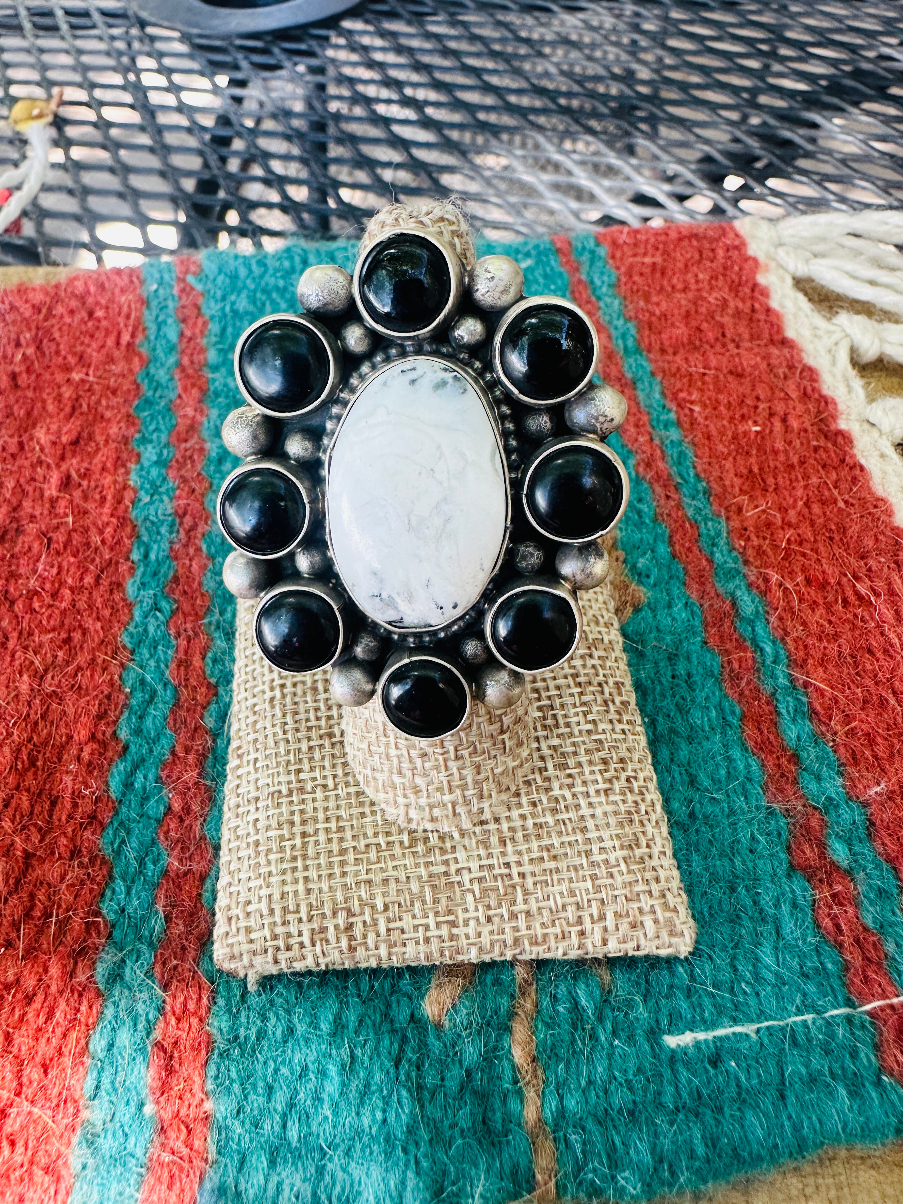 Handcrafted Sterling Silver, White Buffalo & Onyx Cluster Adjustable Ring