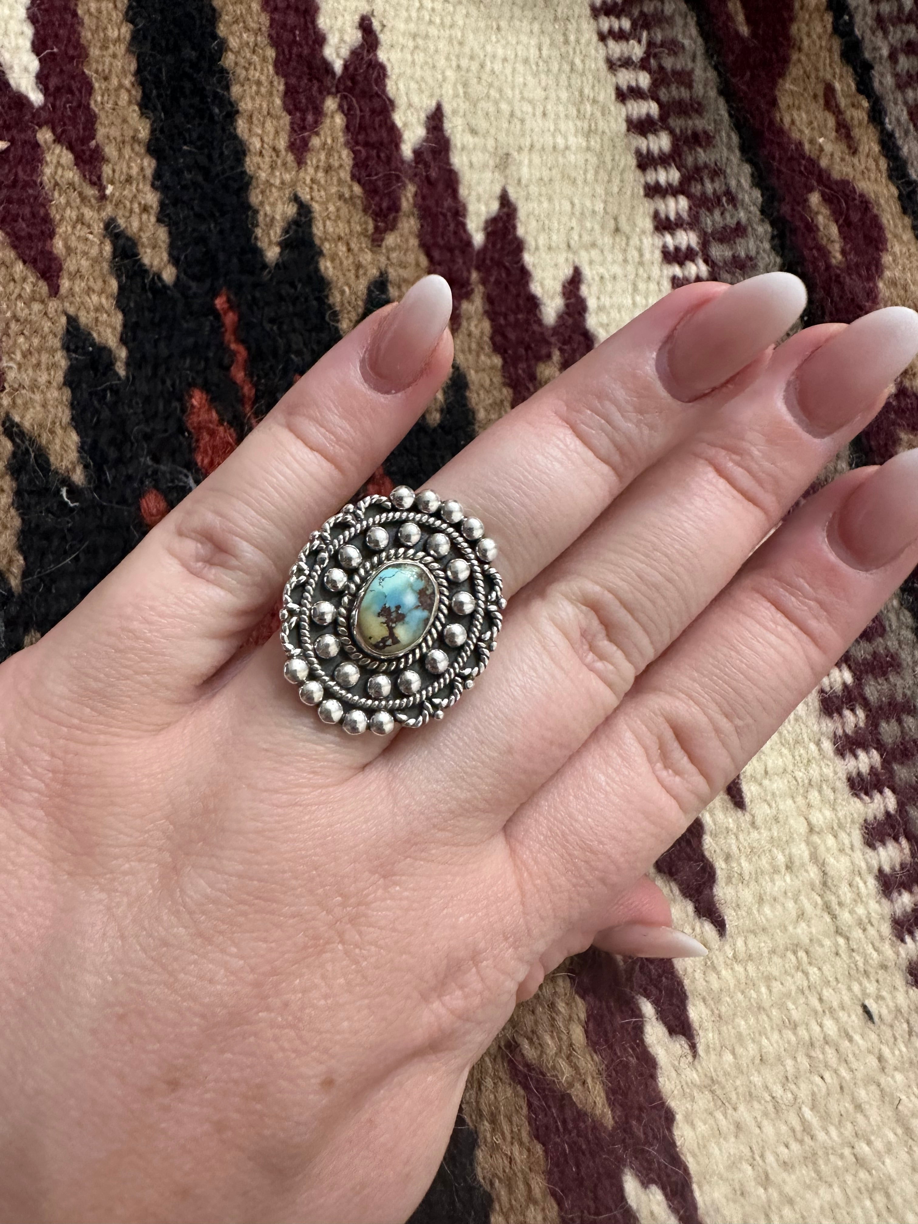 Beautiful Handmade Golden Hills Turquoise And Sterling Silver Adjustable Oval Ring