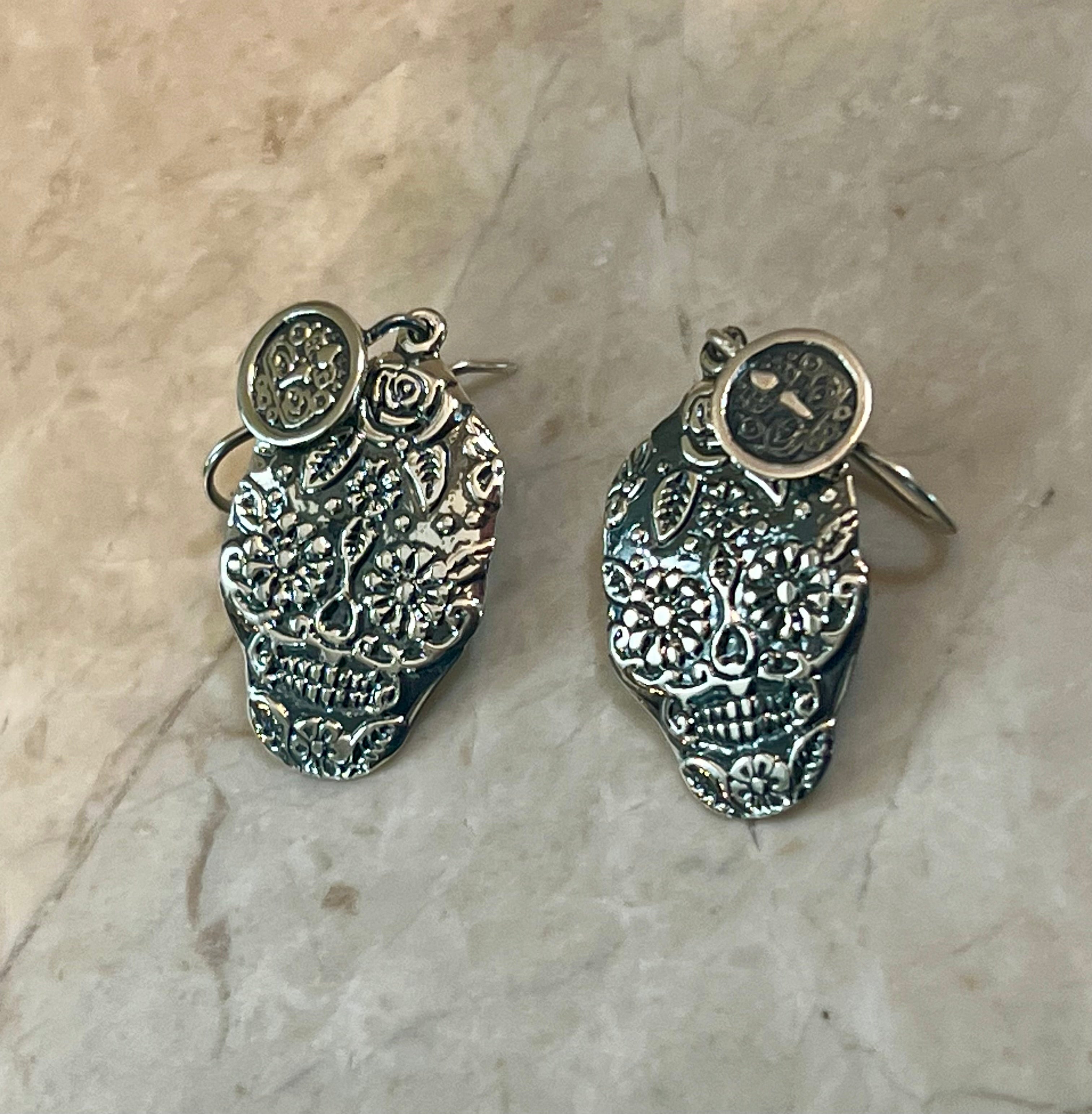 Oxidized Sugar Skull with Disc Hook Sterling Silver Earrings