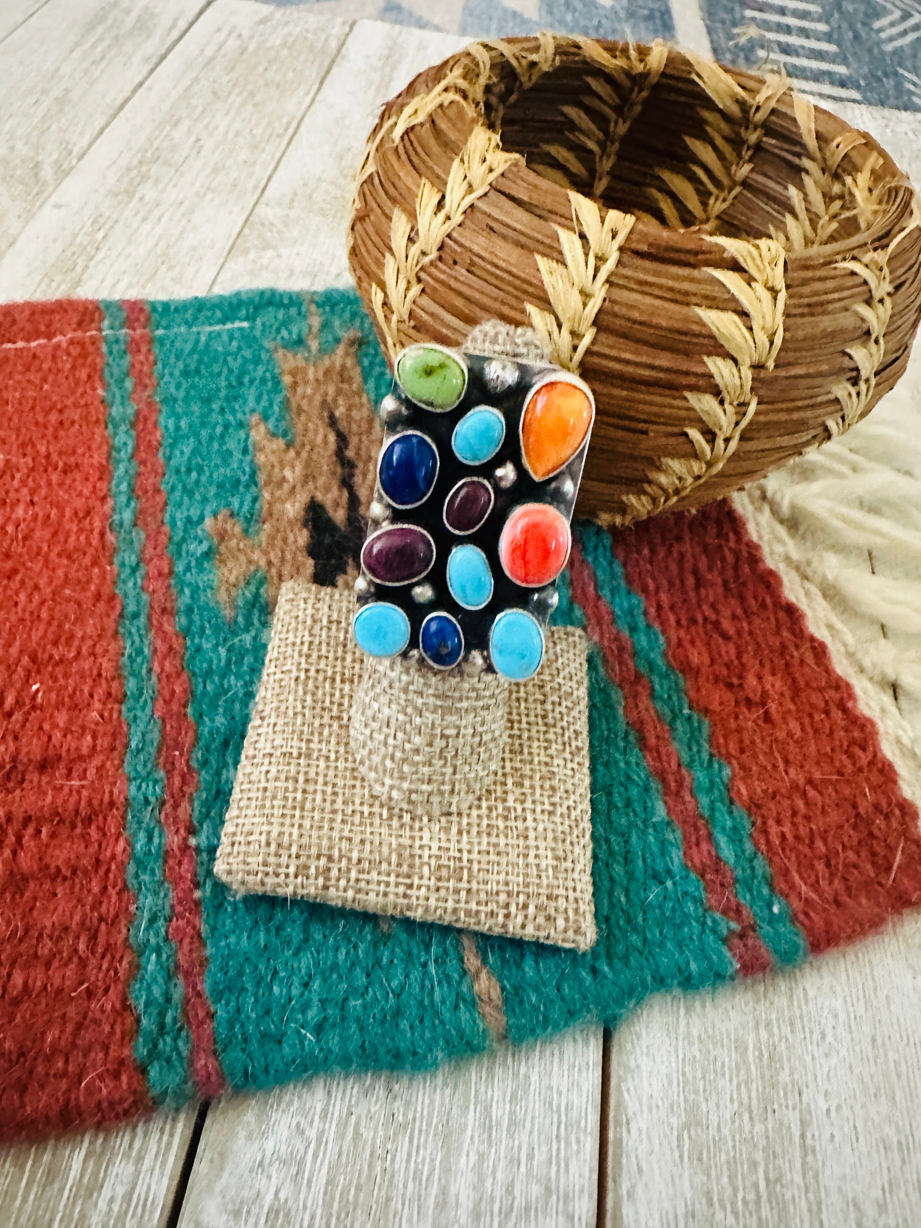 Handcrafted Sterling Silver & Multi Stone Cluster Ring Size 6