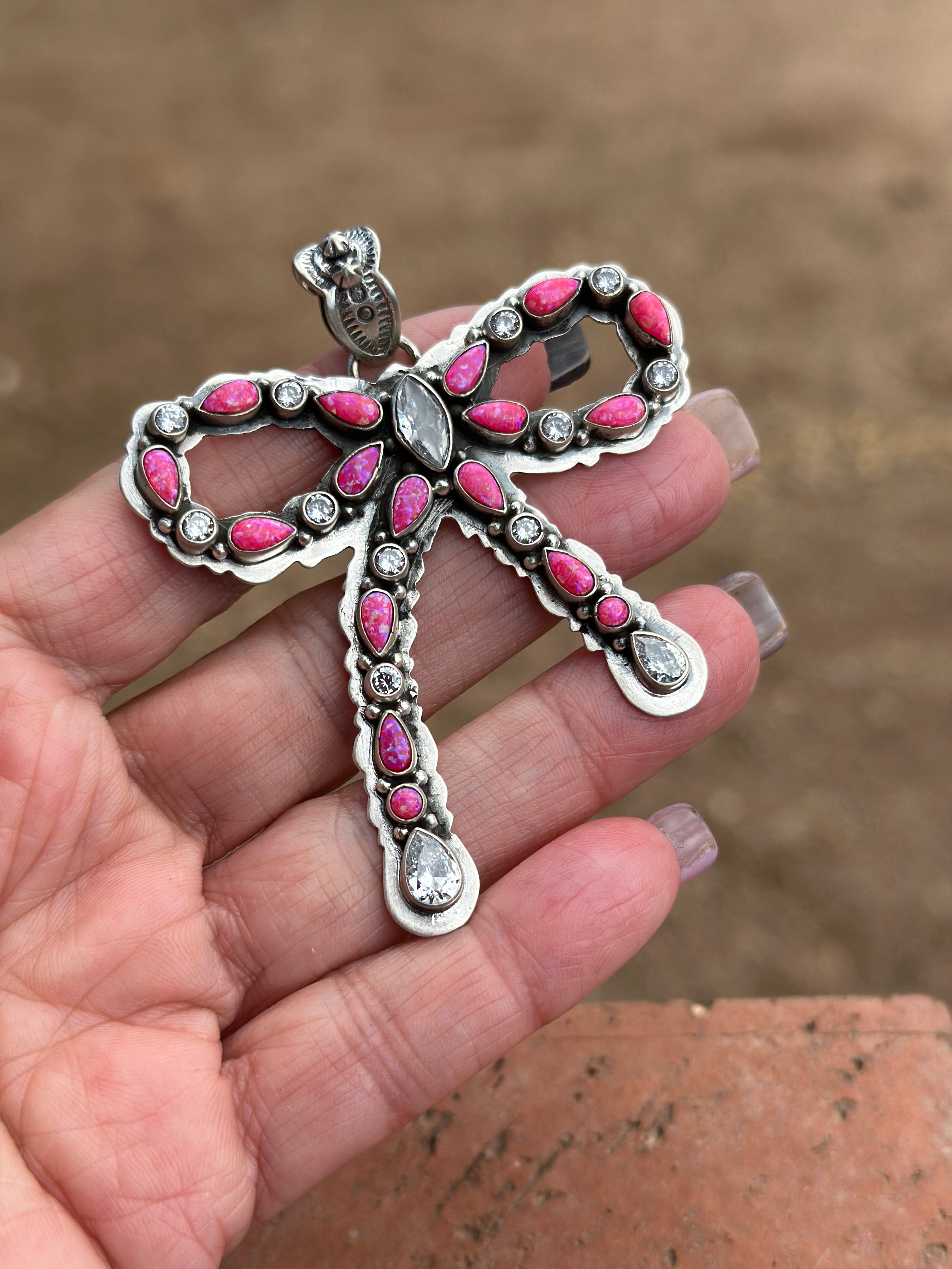 Handmade Sterling Silver and Hot Pink Opal Christmas Bow Pendant