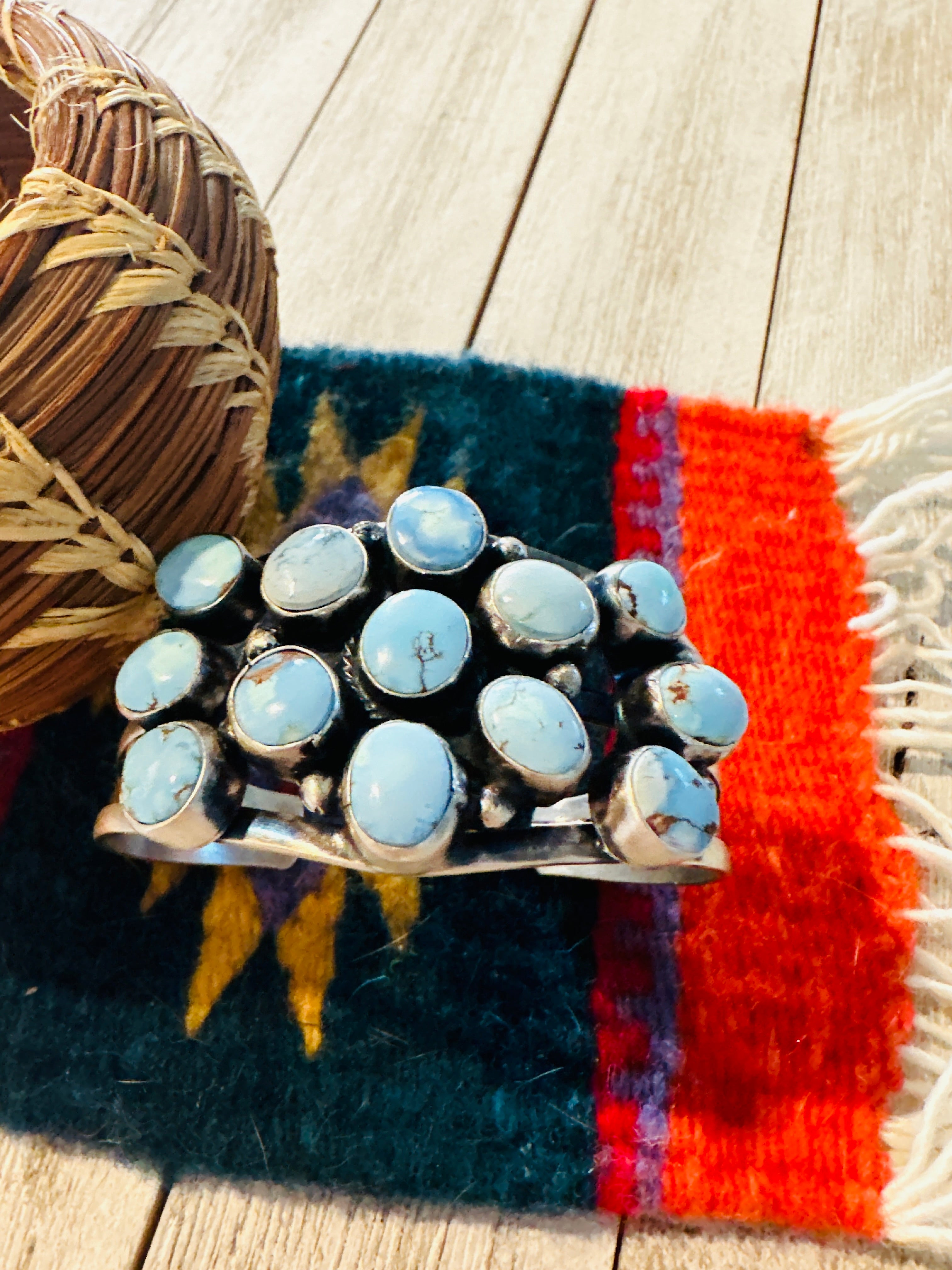 Navajo Golden Hills Turquoise & Sterling Silver Cluster Cuff Bracelet