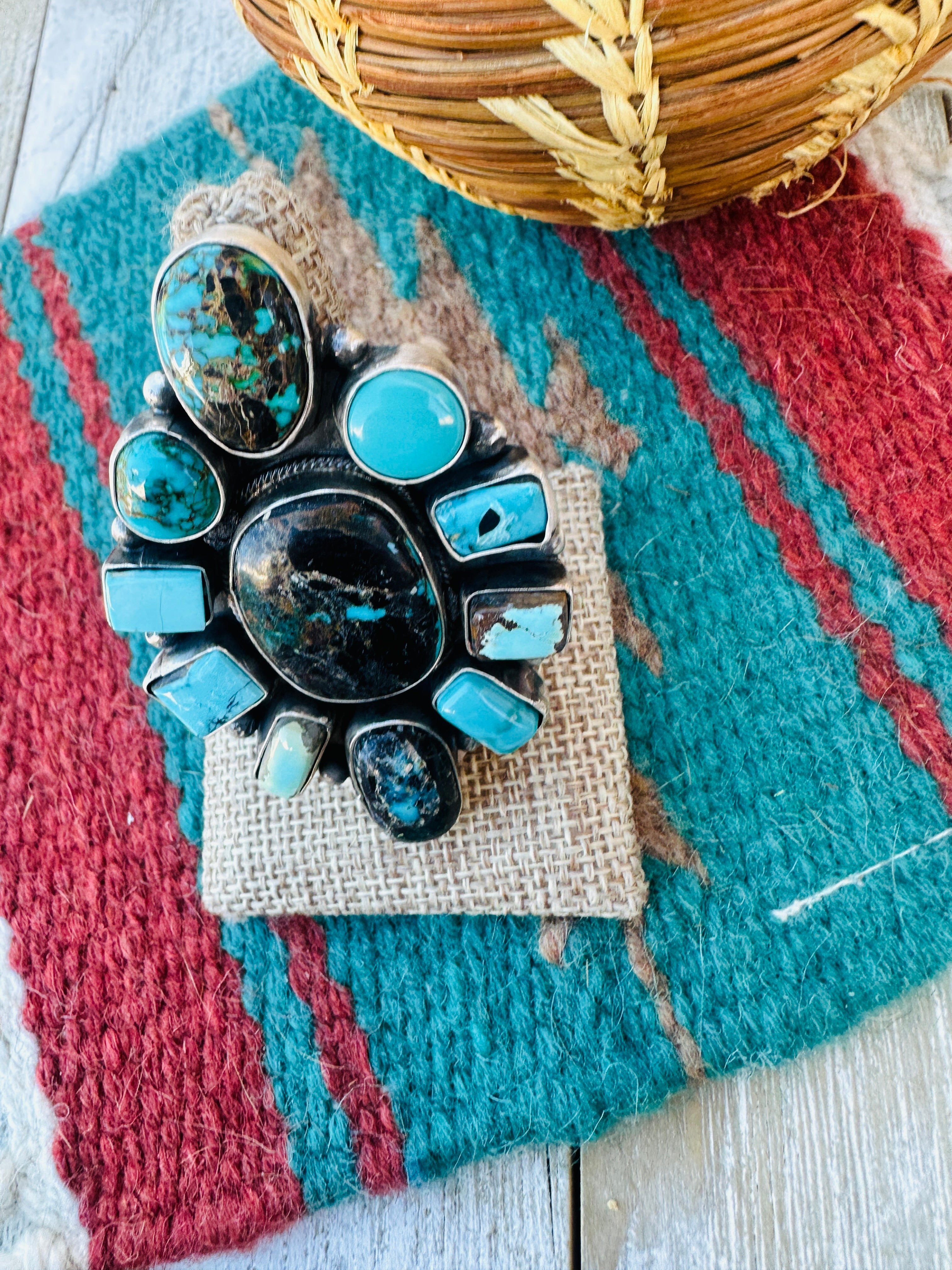 Hand Crafted Multi Turquoise & Sterling Silver Cluster Ring Size 10.5 by Ella Peter