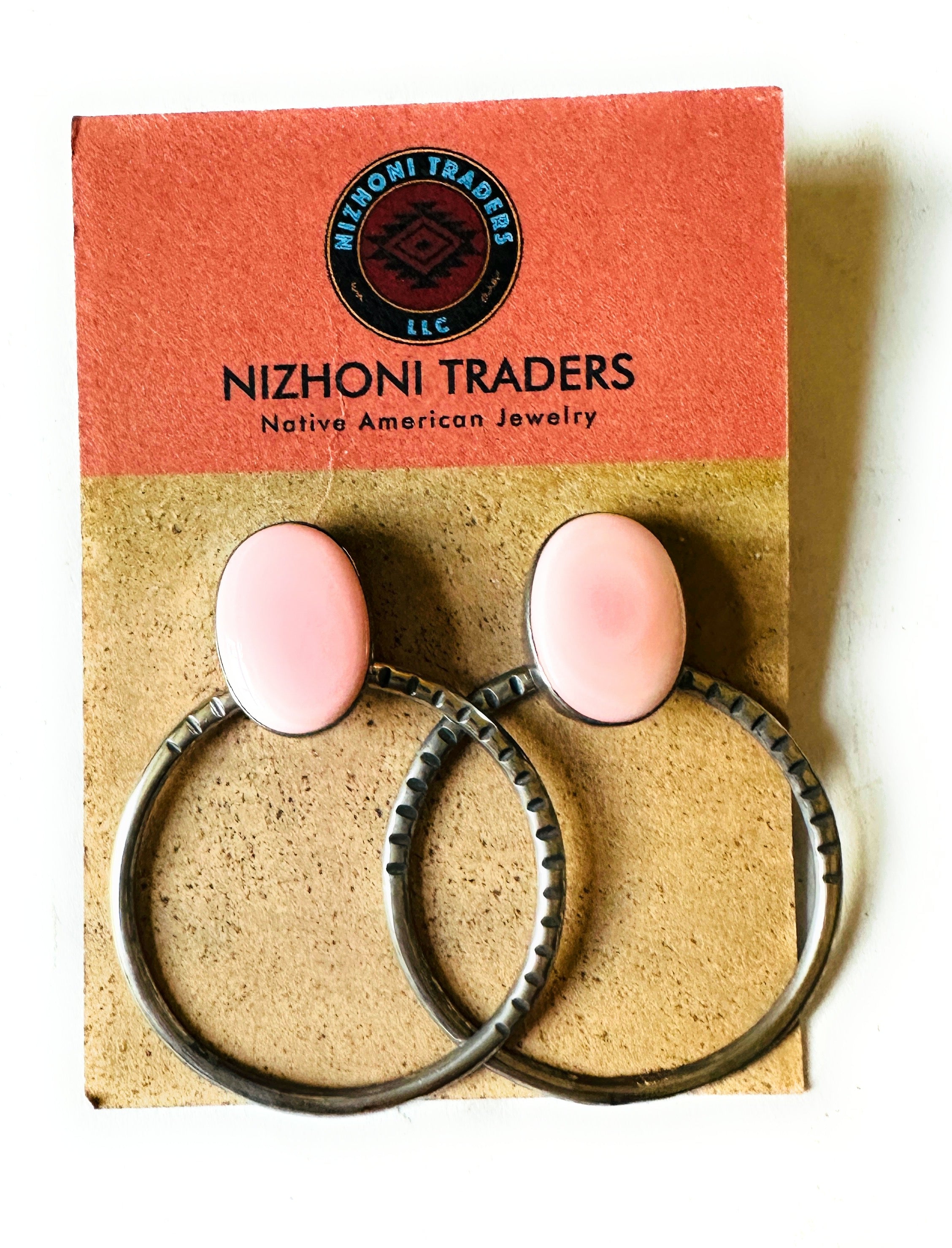 Navajo Queen Pink Conch & Sterling Silver Hoop Earrings