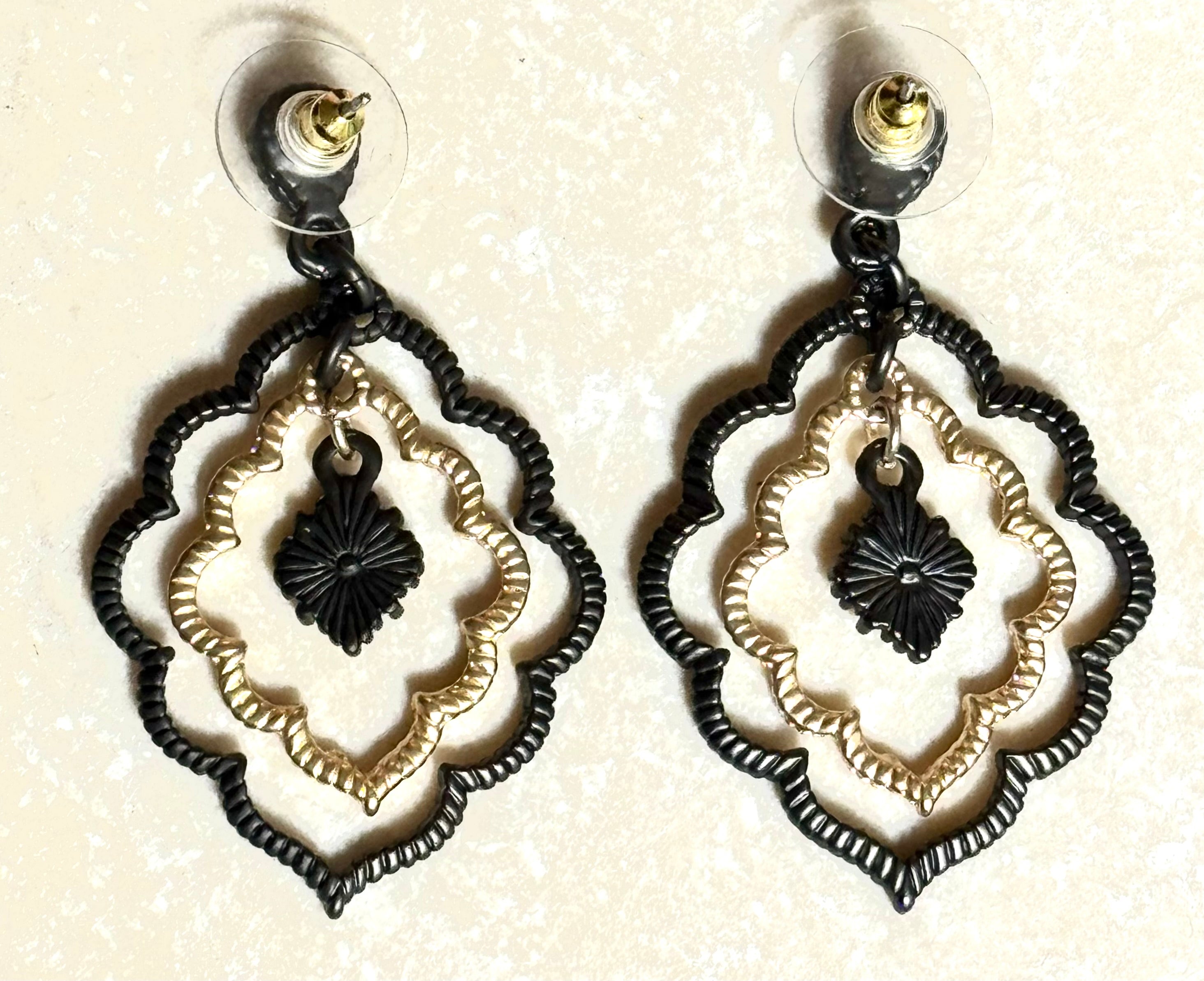 14k Gold Plated CZ Floating Hem Black Dangle Earrings