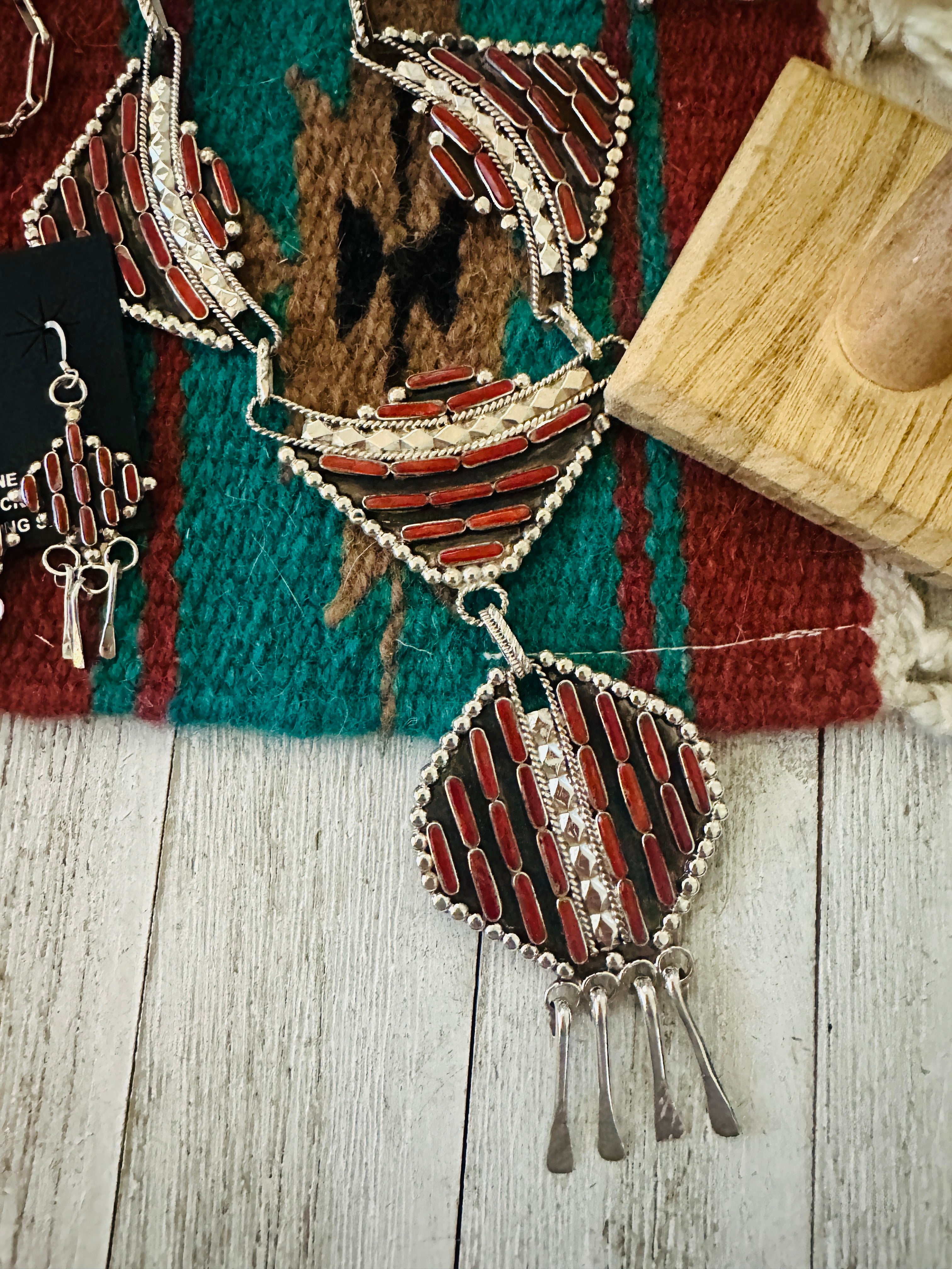 Zuni Sterling Silver & Coral Necklace Set