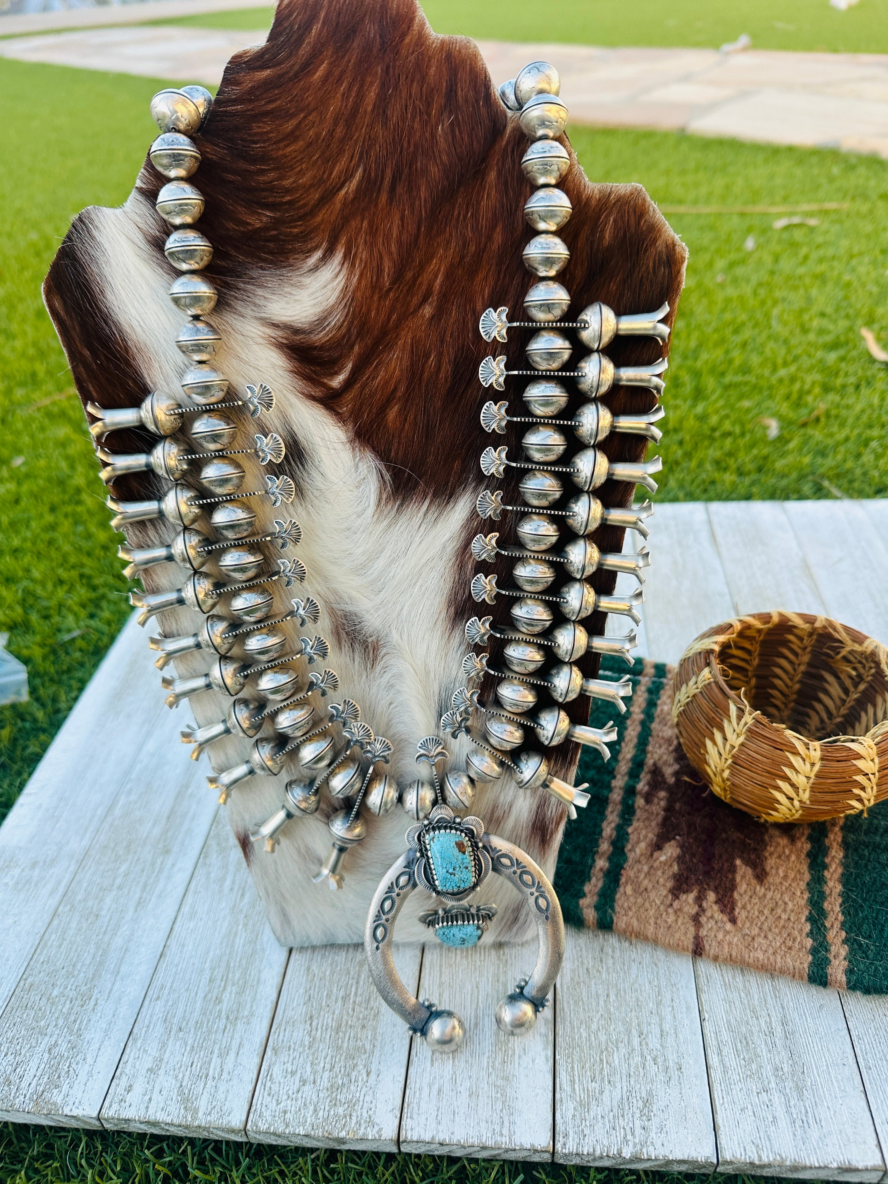 Handcrafted Vintage Old Pawn Turquoise & Sterling Silver Beaded Squash Blossom Necklace by James McCabe