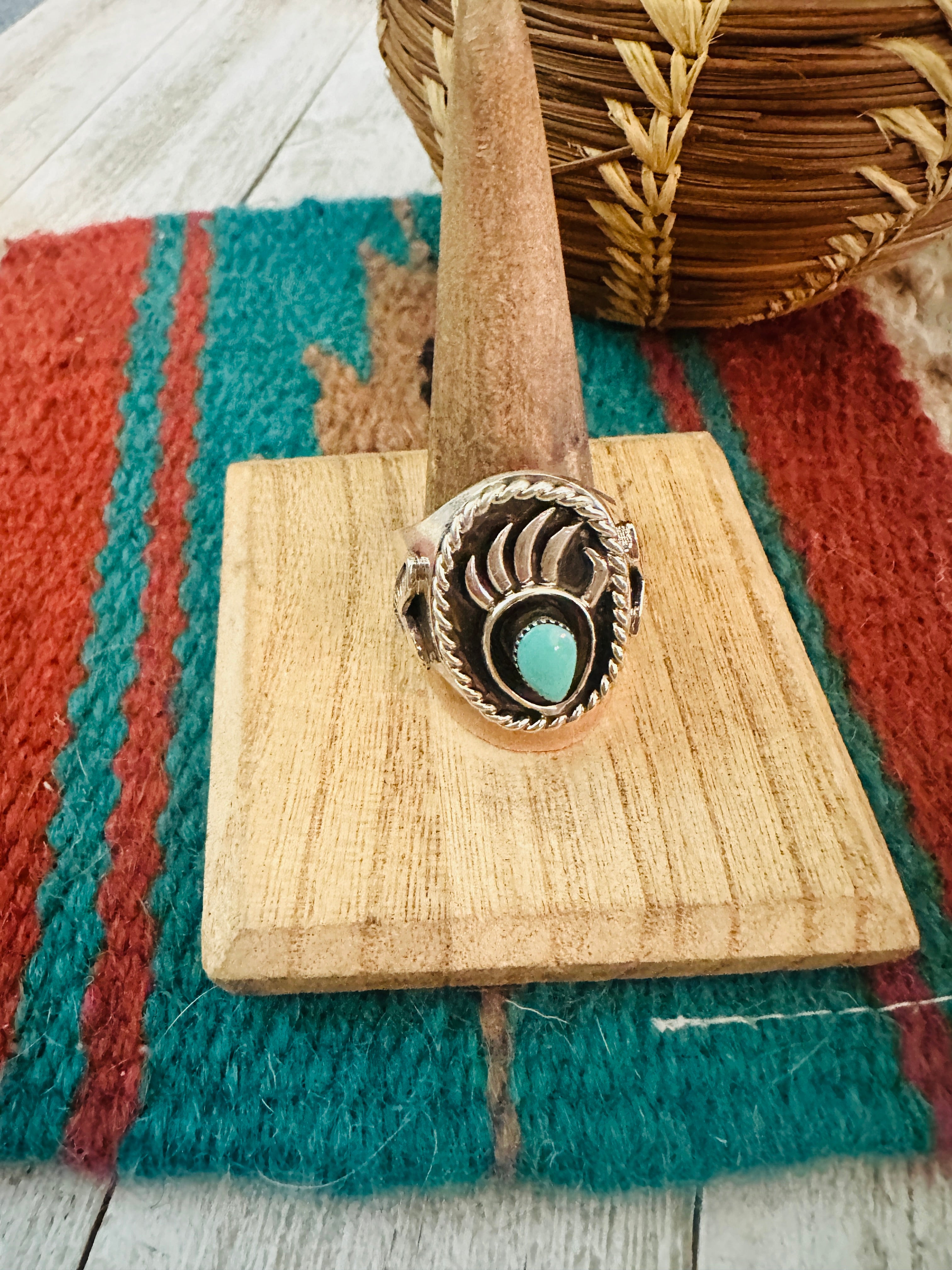 Navajo Turquoise & Sterling Silver Bear Paw Cigar Band Ring Size 11