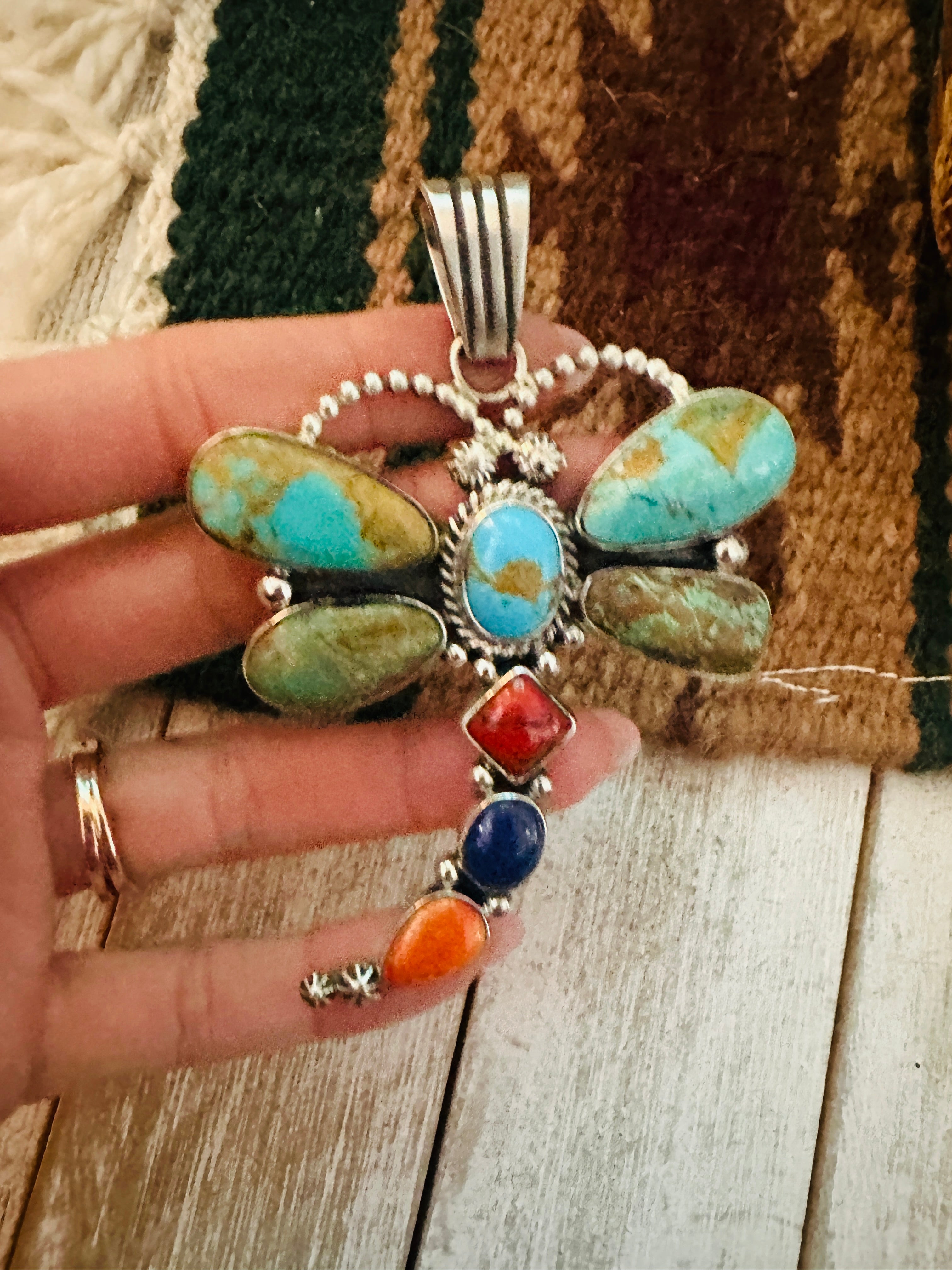 Navajo Multi Stone & Sterling Silver Dragonfly Pendant