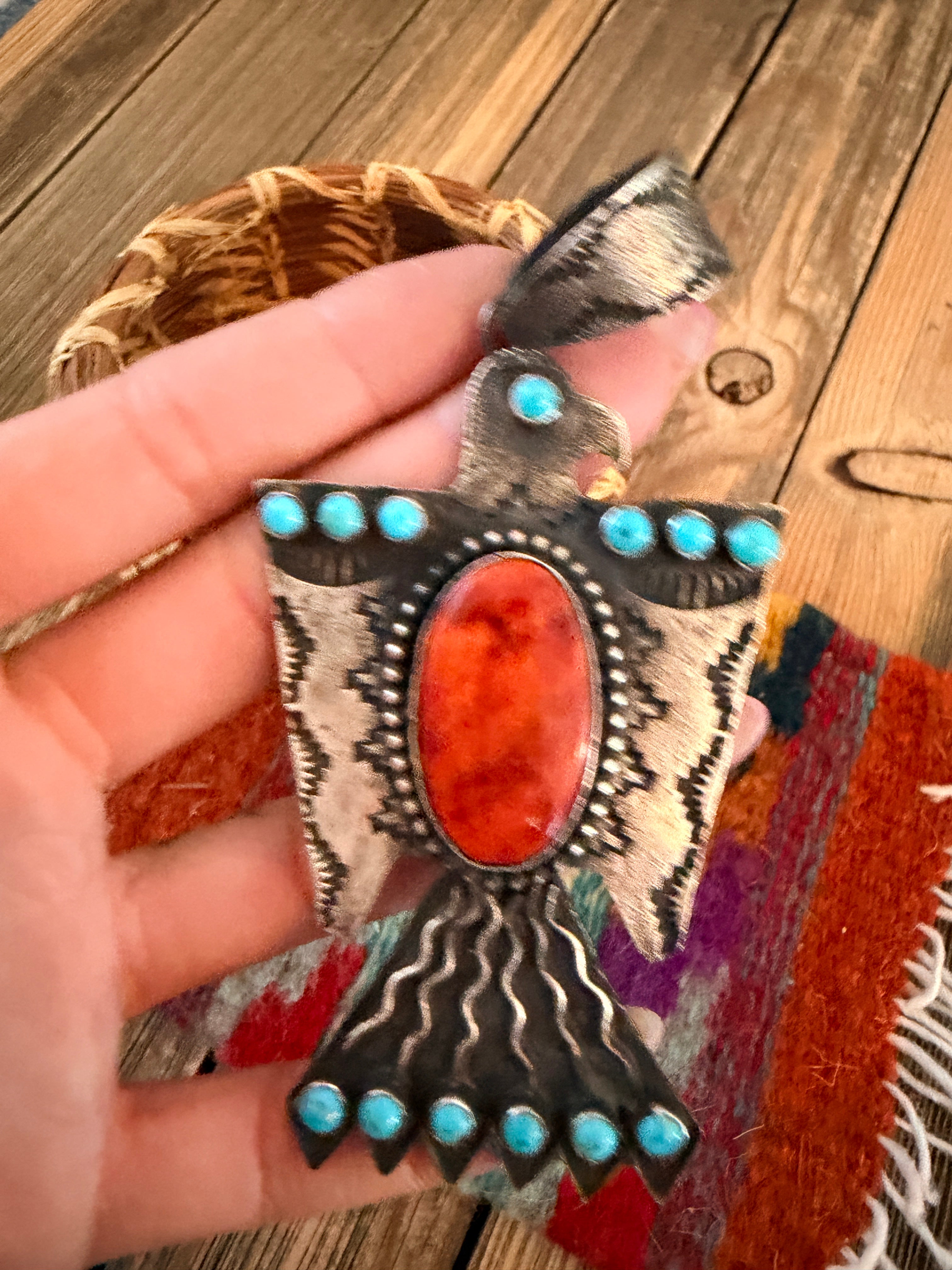 Handcrafted Sterling Silver, Turquoise & Spiny Oyster Thunderbird Pendant by Shawn Cayatineto