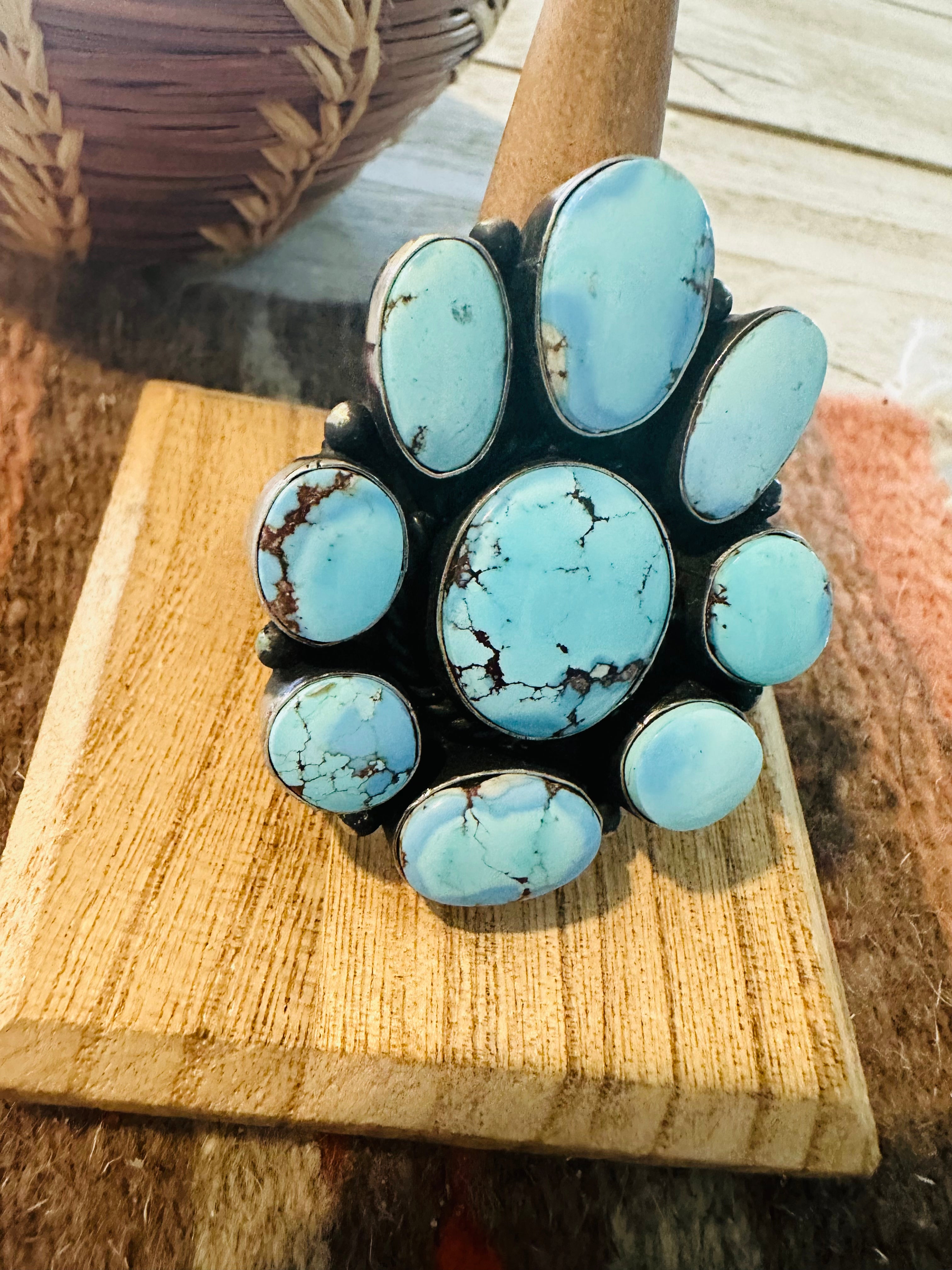 Navajo Golden Hills Turquoise & Sterling Silver Cluster Ring Size 8.75