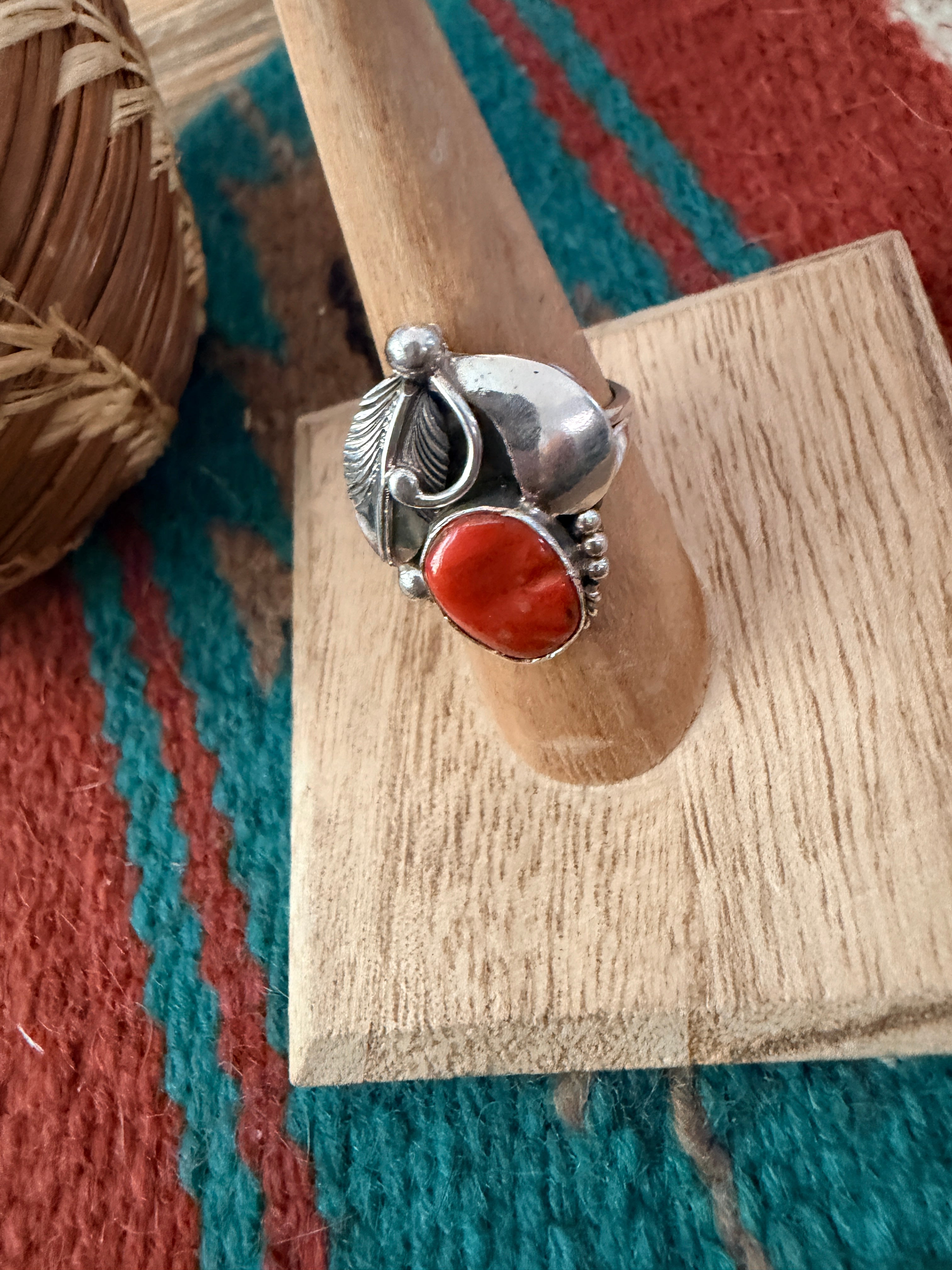 Old Pawn Handcrafted Coral & Sterling Silver Ring Size 7