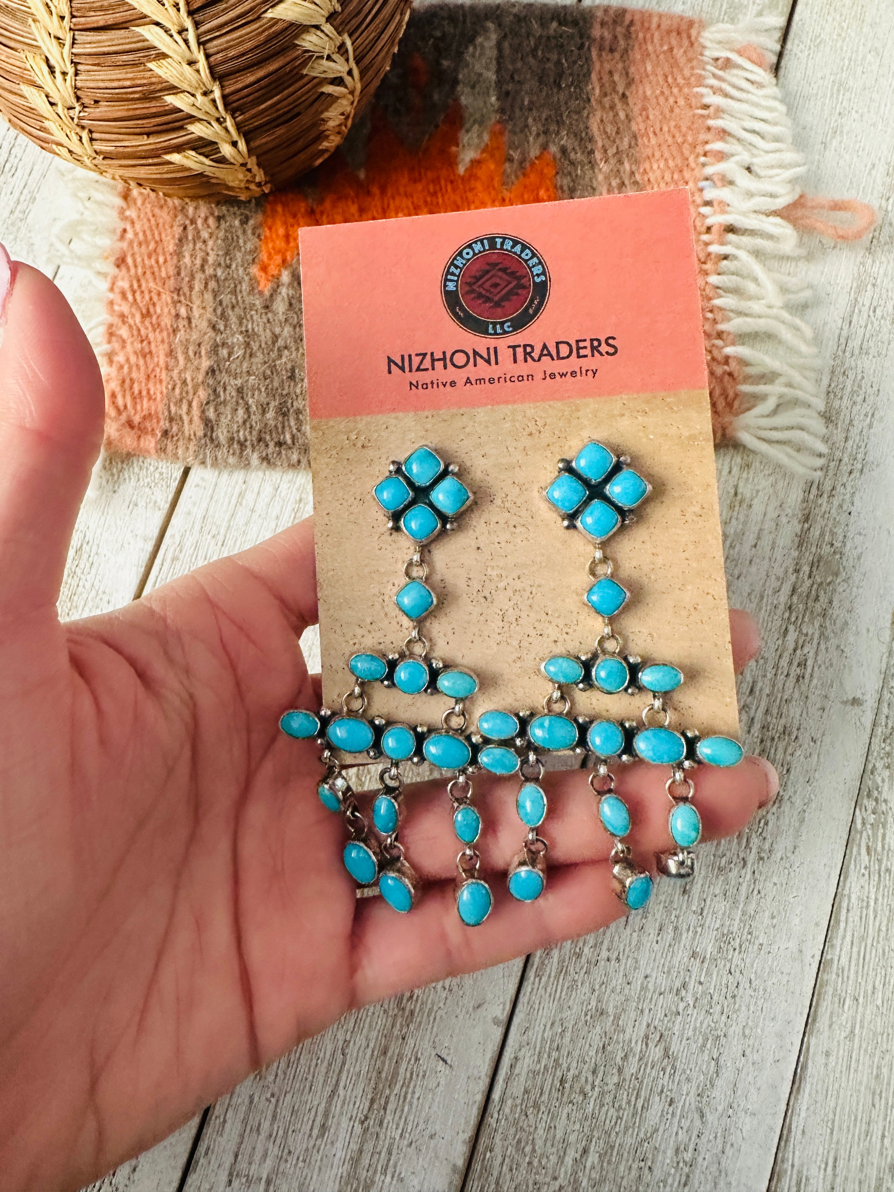 Navajo Sterling Silver & Turquoise Cluster Dangle Earrings
