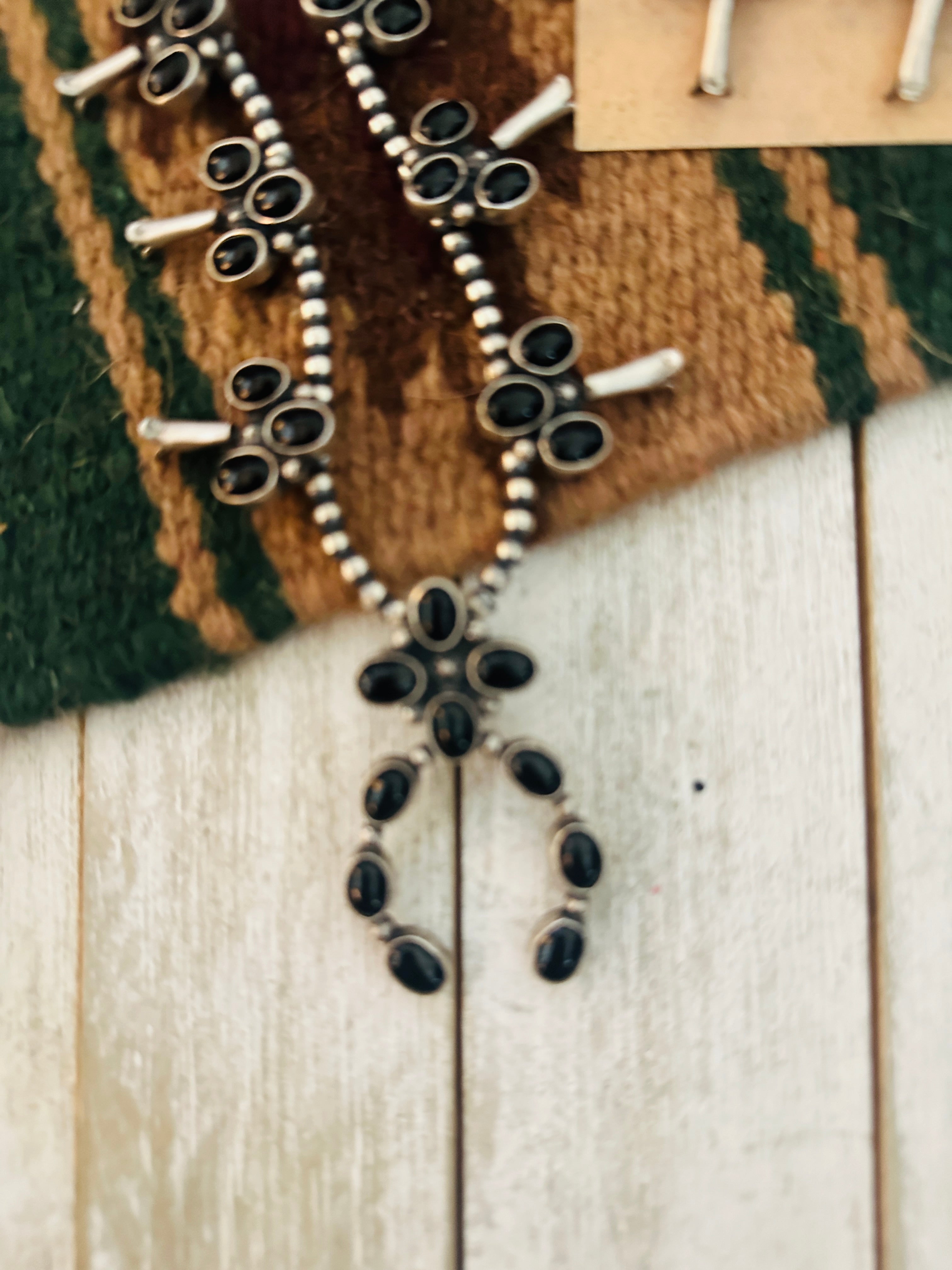 Navajo Sterling Silver & Onyx Beaded Squash Blossom Necklace Set