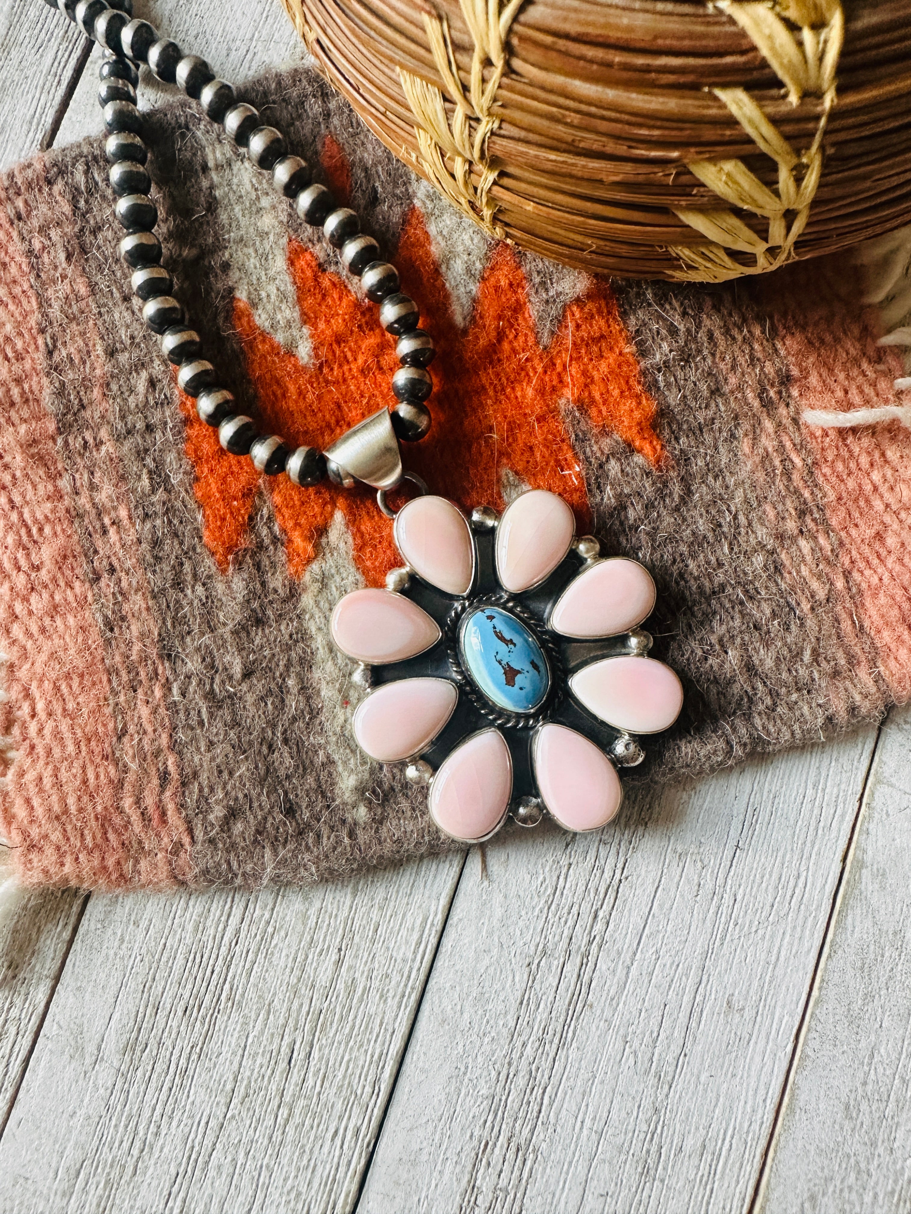 Navajo Queen Pink Conch, Turquoise & Sterling Silver Cluster Pendant