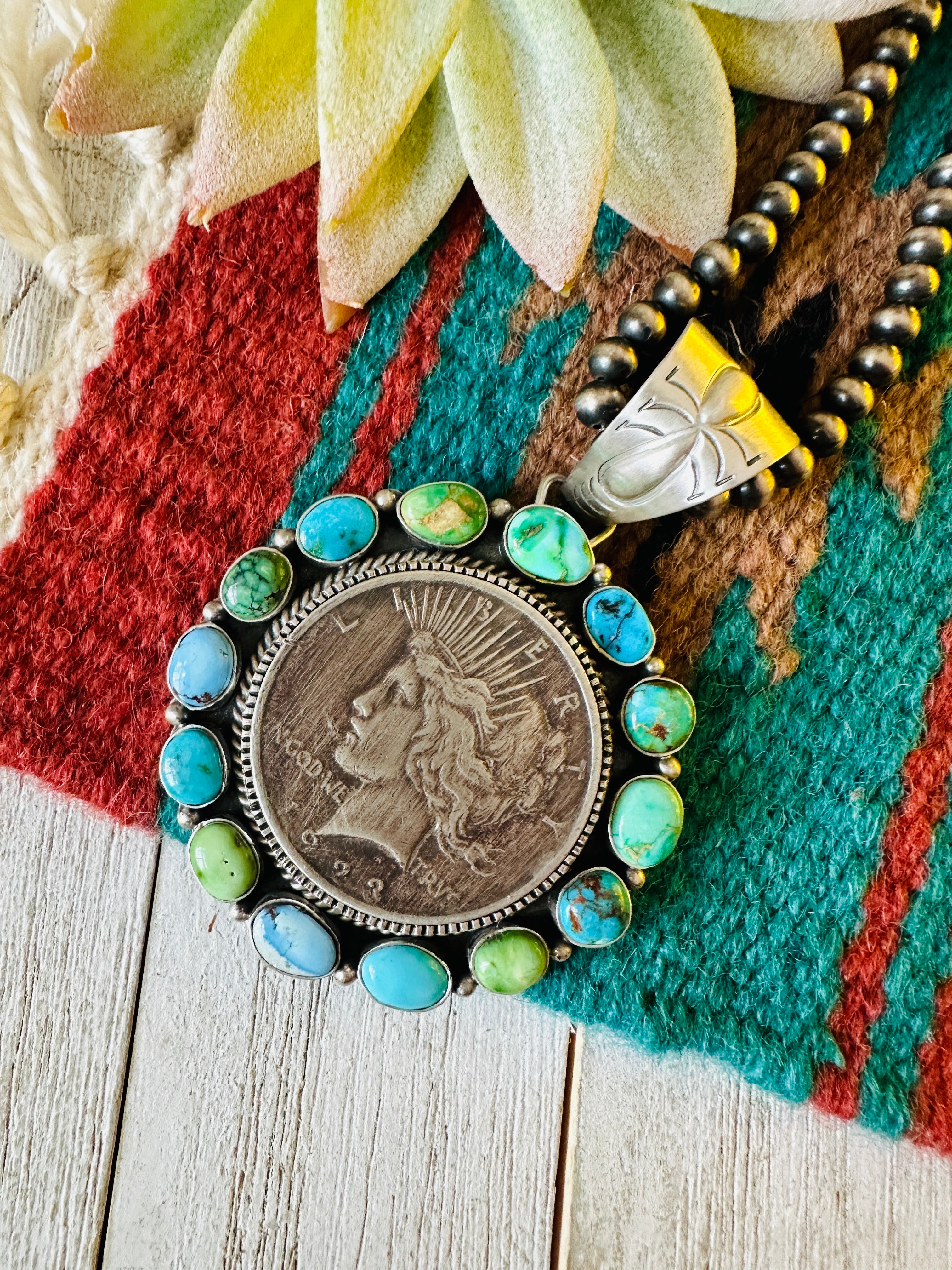 Navajo Sterling Silver & Turquoise Liberty Coin Pendant