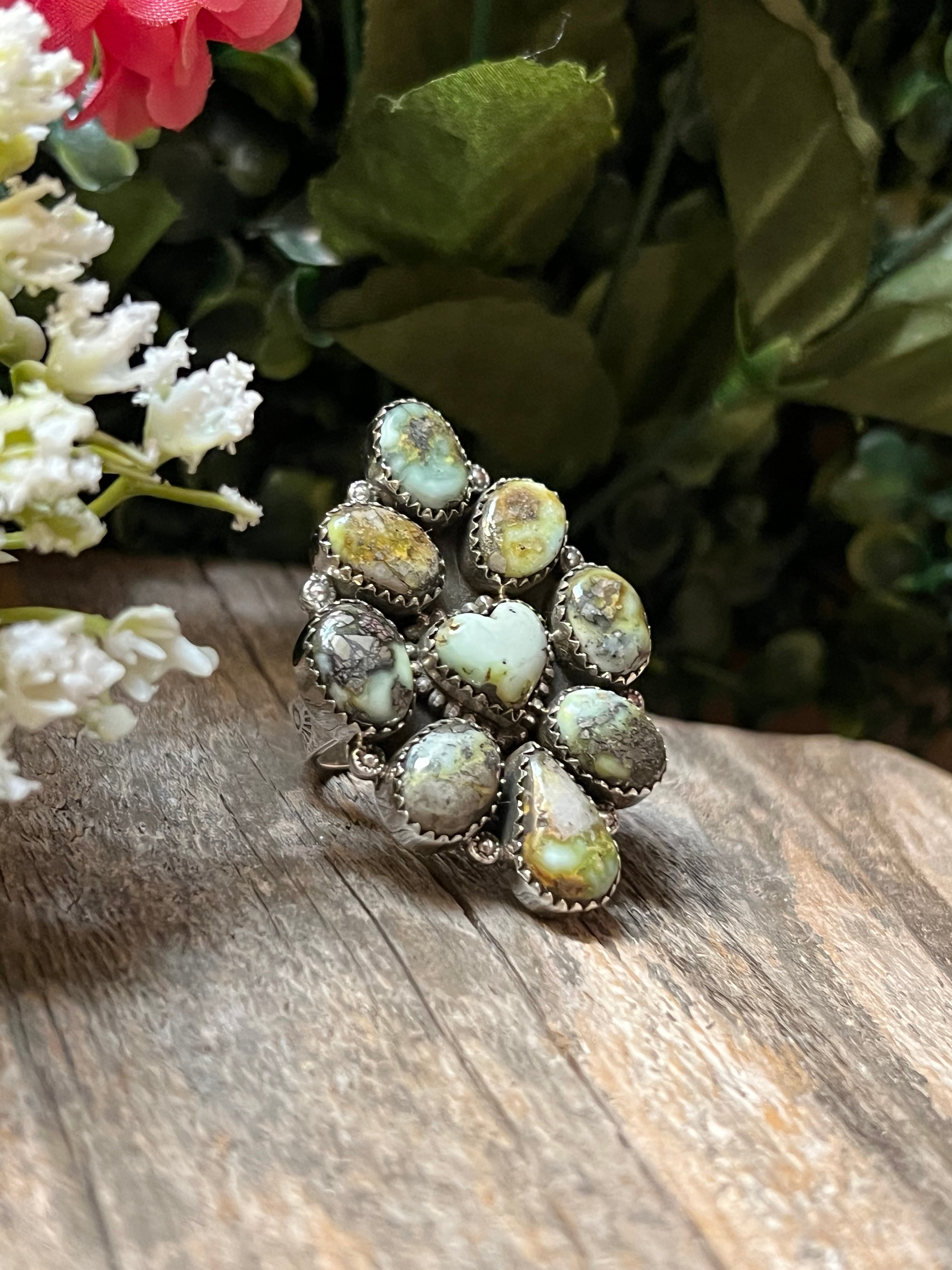Handmade Palomino Turquoise Cluster Heart Sterling Silver Adjustable Ring