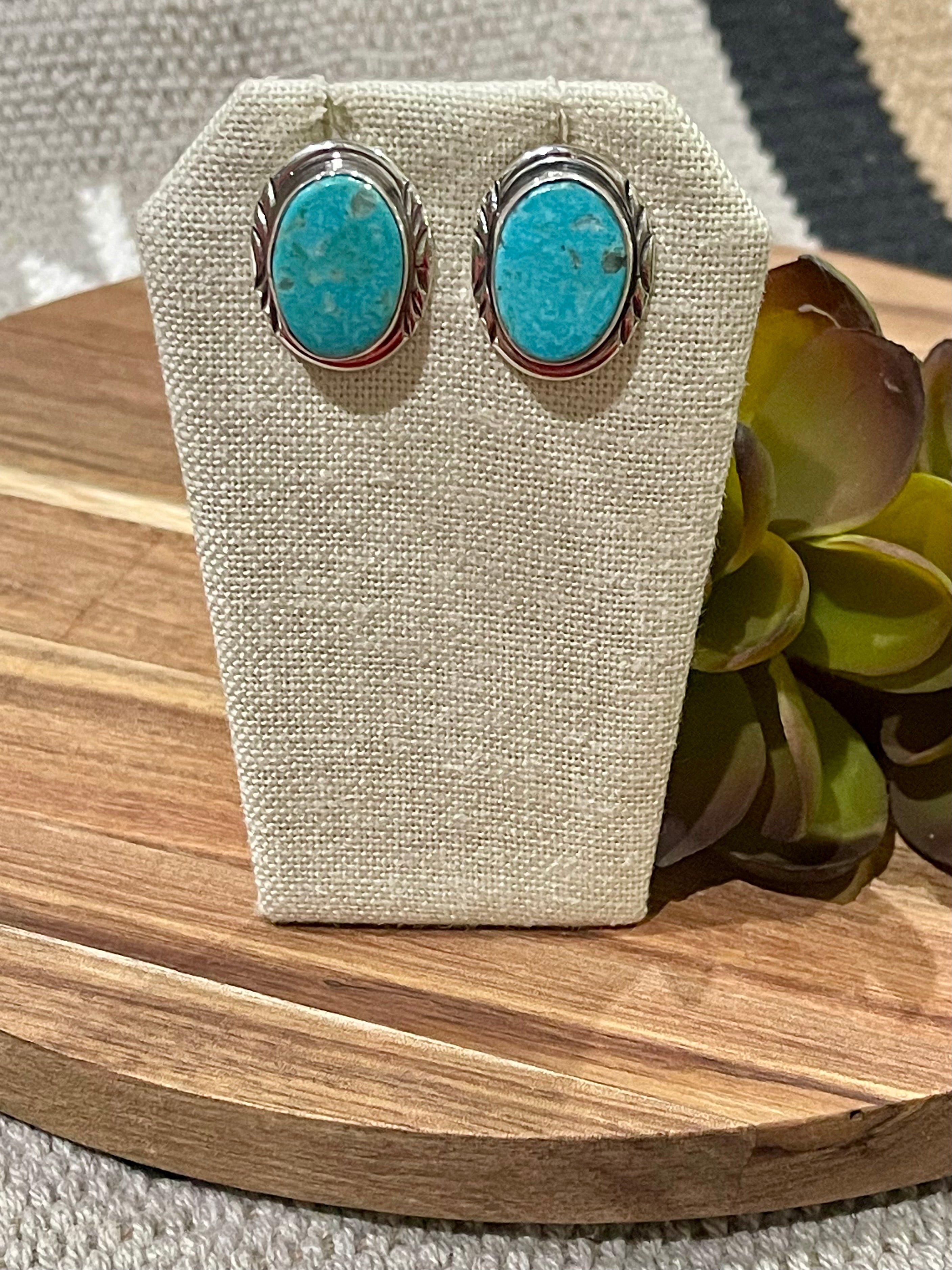 Navajo Sterling Silver & Turquoise Stud Oval Earrings