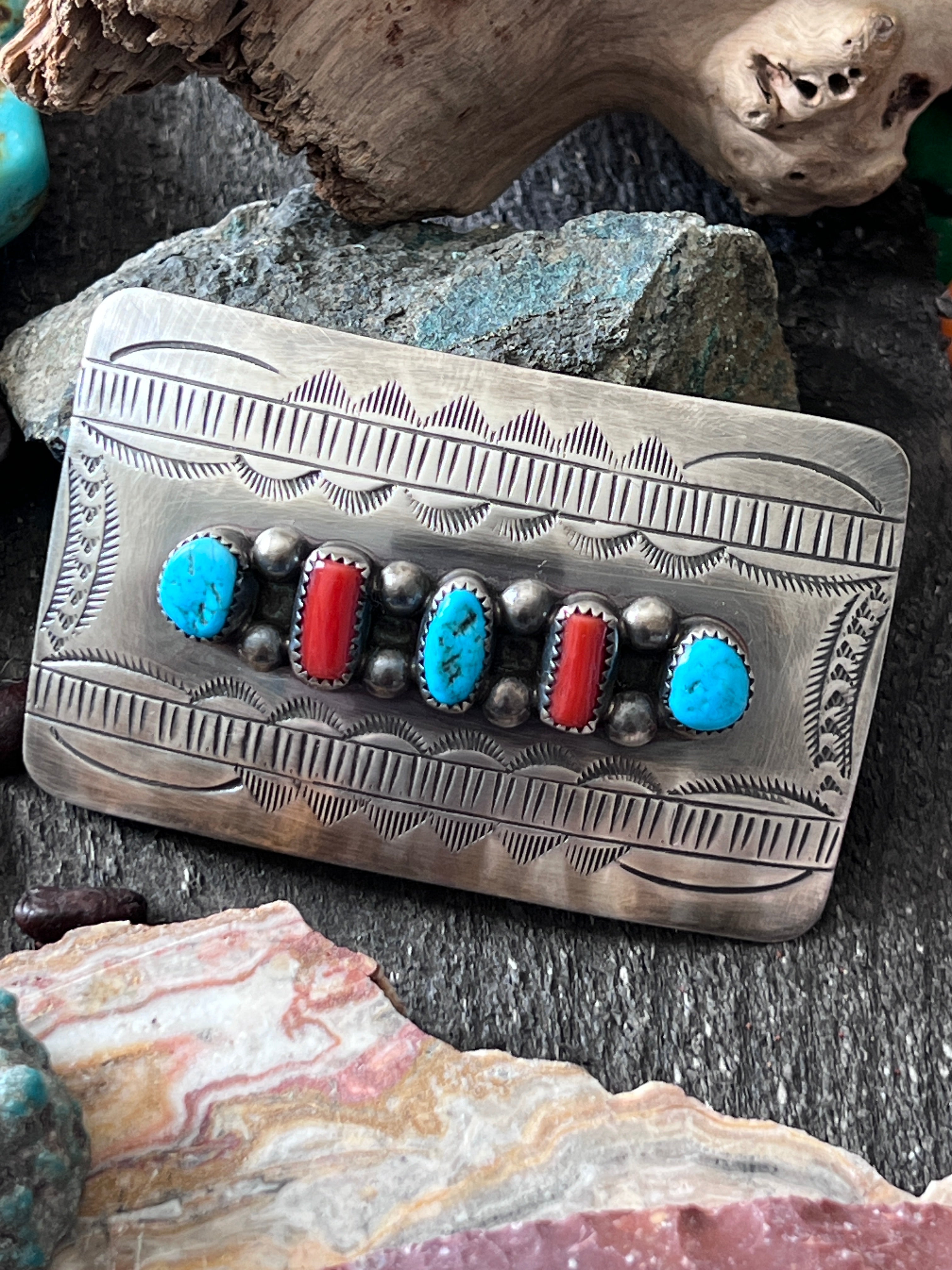 Old Pawn Sterling Silver, Kingman Turquoise & Mediterranean Coral Belt Buckle by Wilbert Meyers