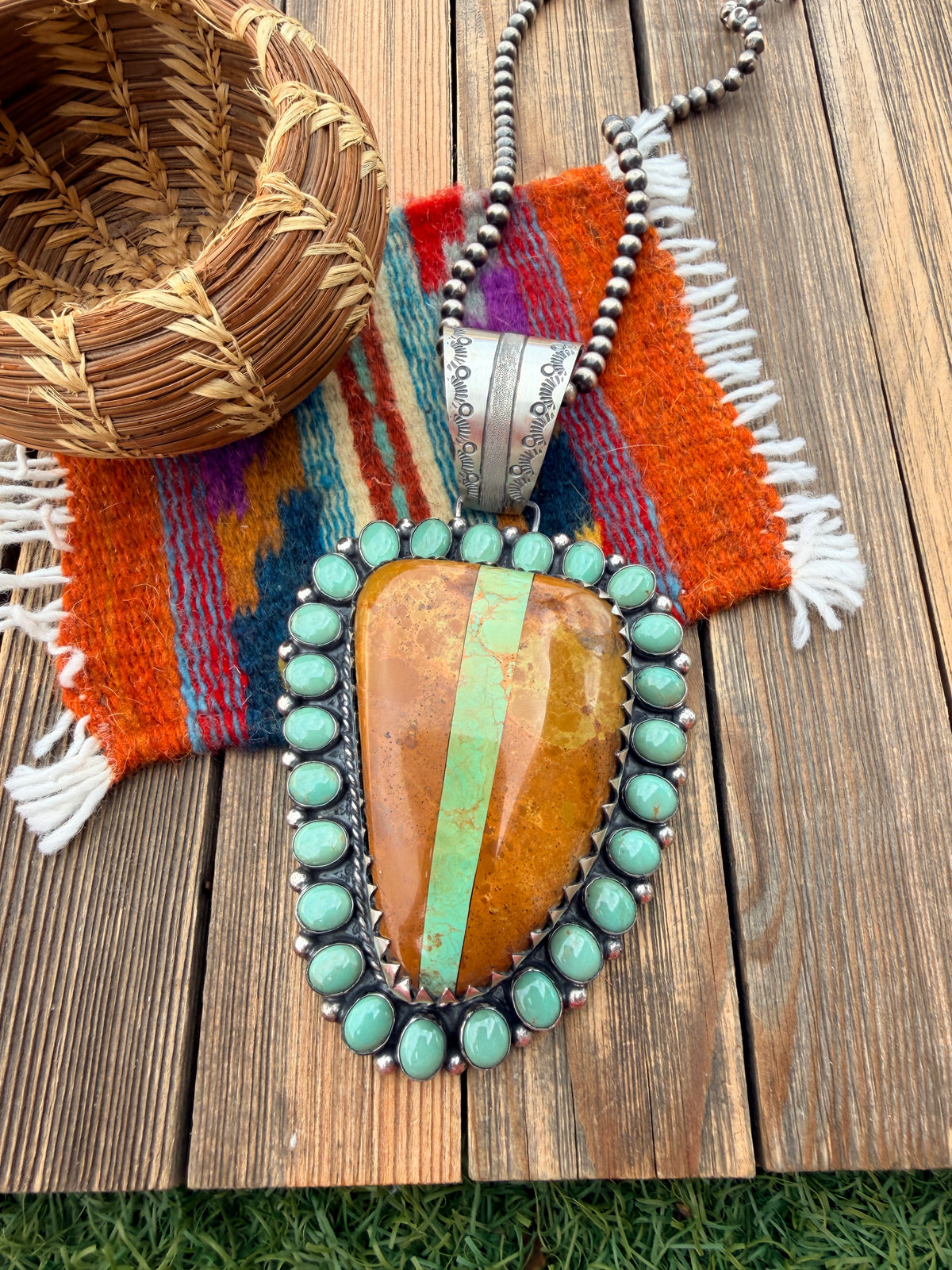 Handcrafted Sterling Silver & Boulder Ribbon Turquoise Pendant by Harry Jake
