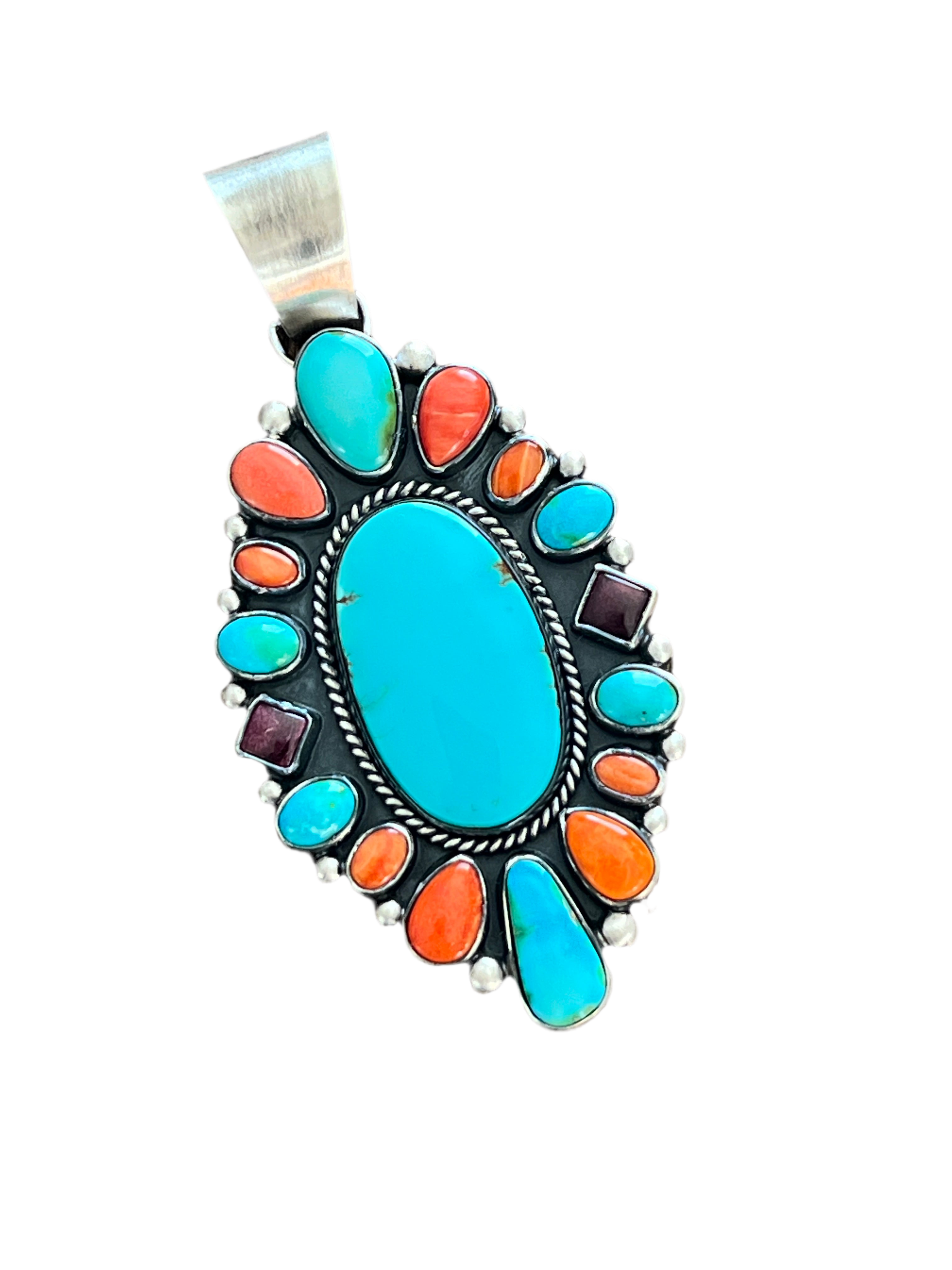 Handcrafted Electric Rainbow Turquoise and Spiny Oyster Pendant by Angela Martin