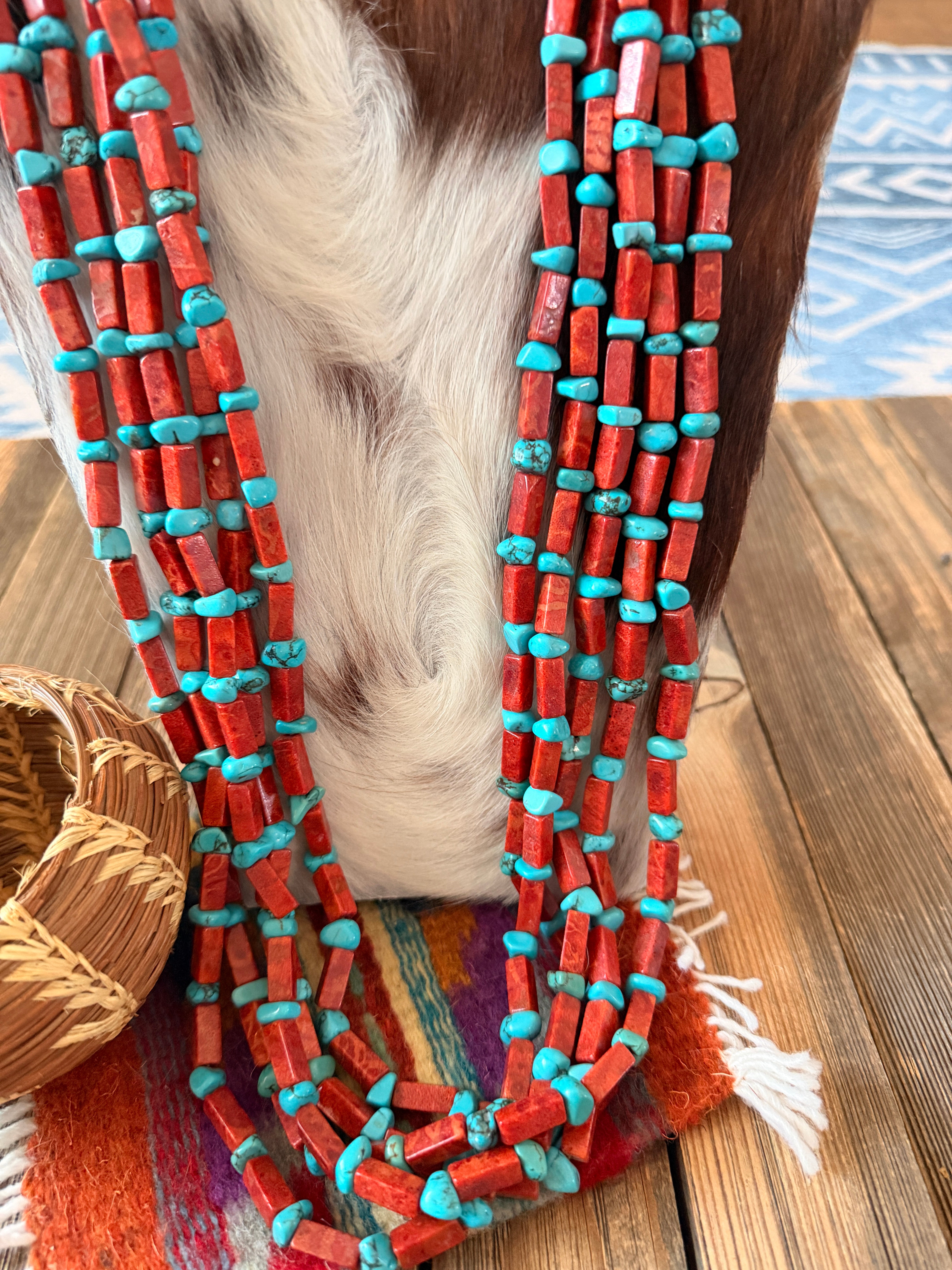 Old Pawn Handcrafted Apple Coral, Turquoise & Heishi Beaded 36” Necklace