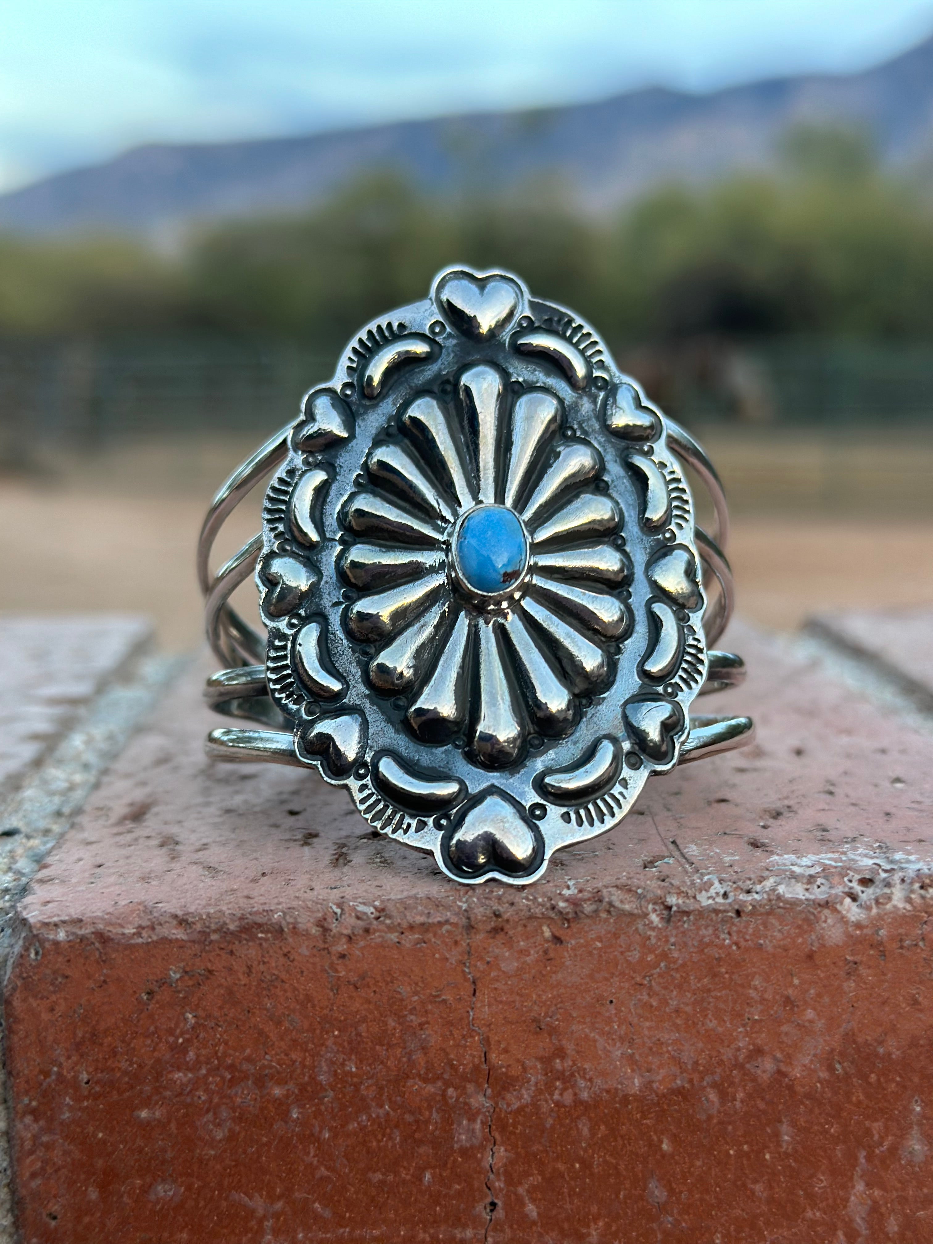 Handmade Sterling Silver & Golden Hills Turquoise Concho Cuff