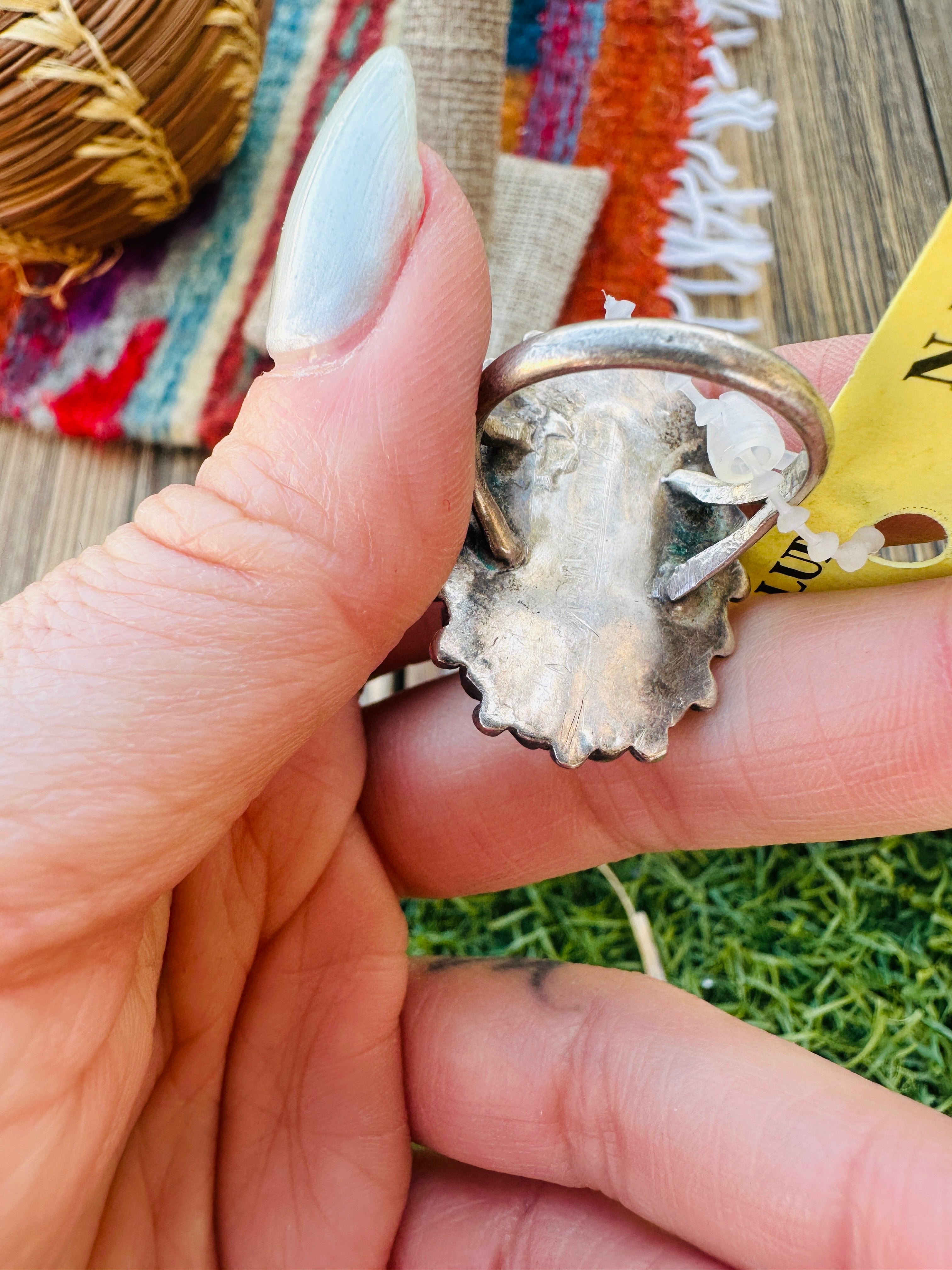 Old Pawn Handcrafted Turquoise & Sterling Silver Cluster Ring Size 7