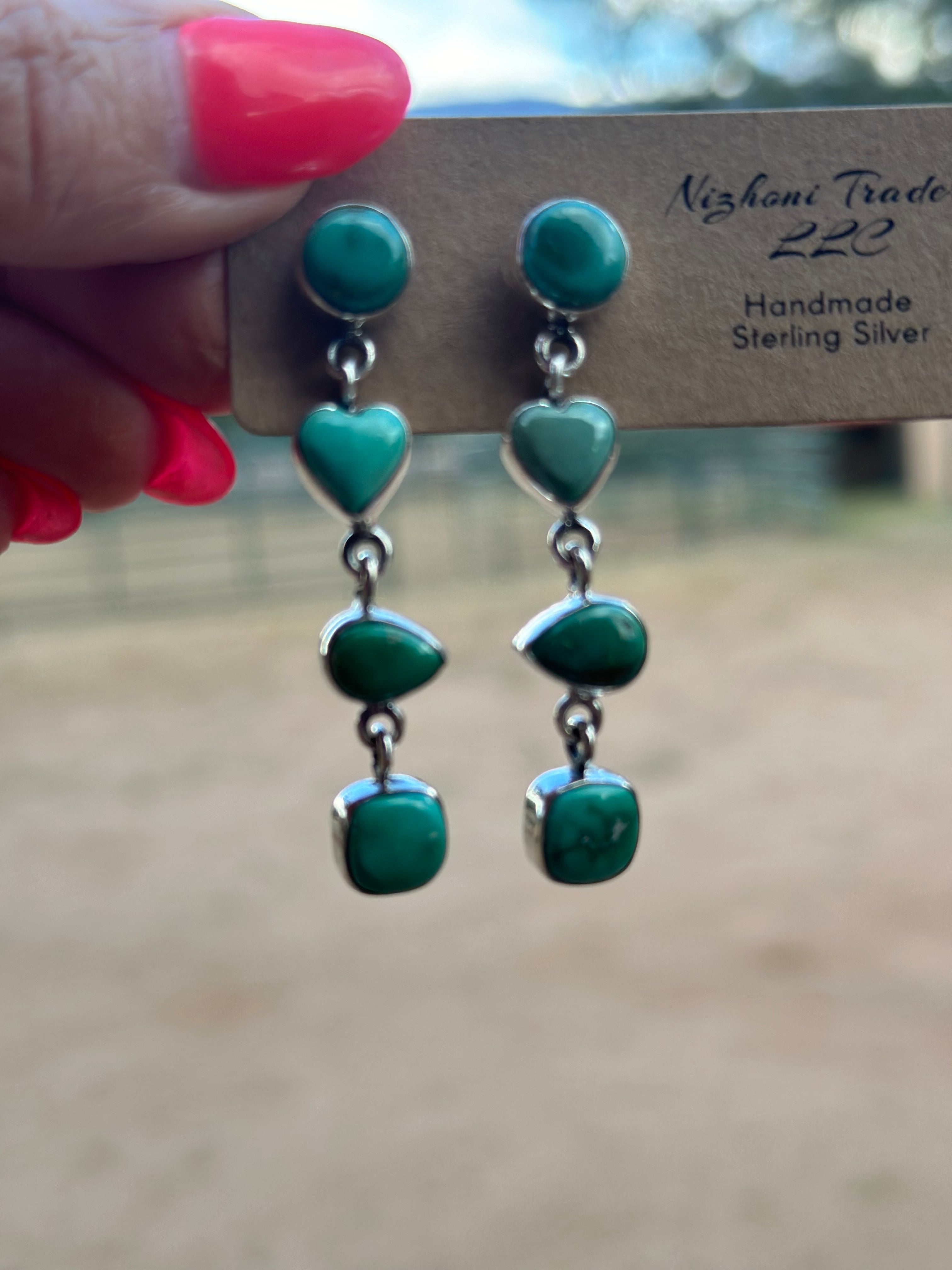 Handmade Emerald Valley Turquoise and Sterling Silver 4 Stone Dangles