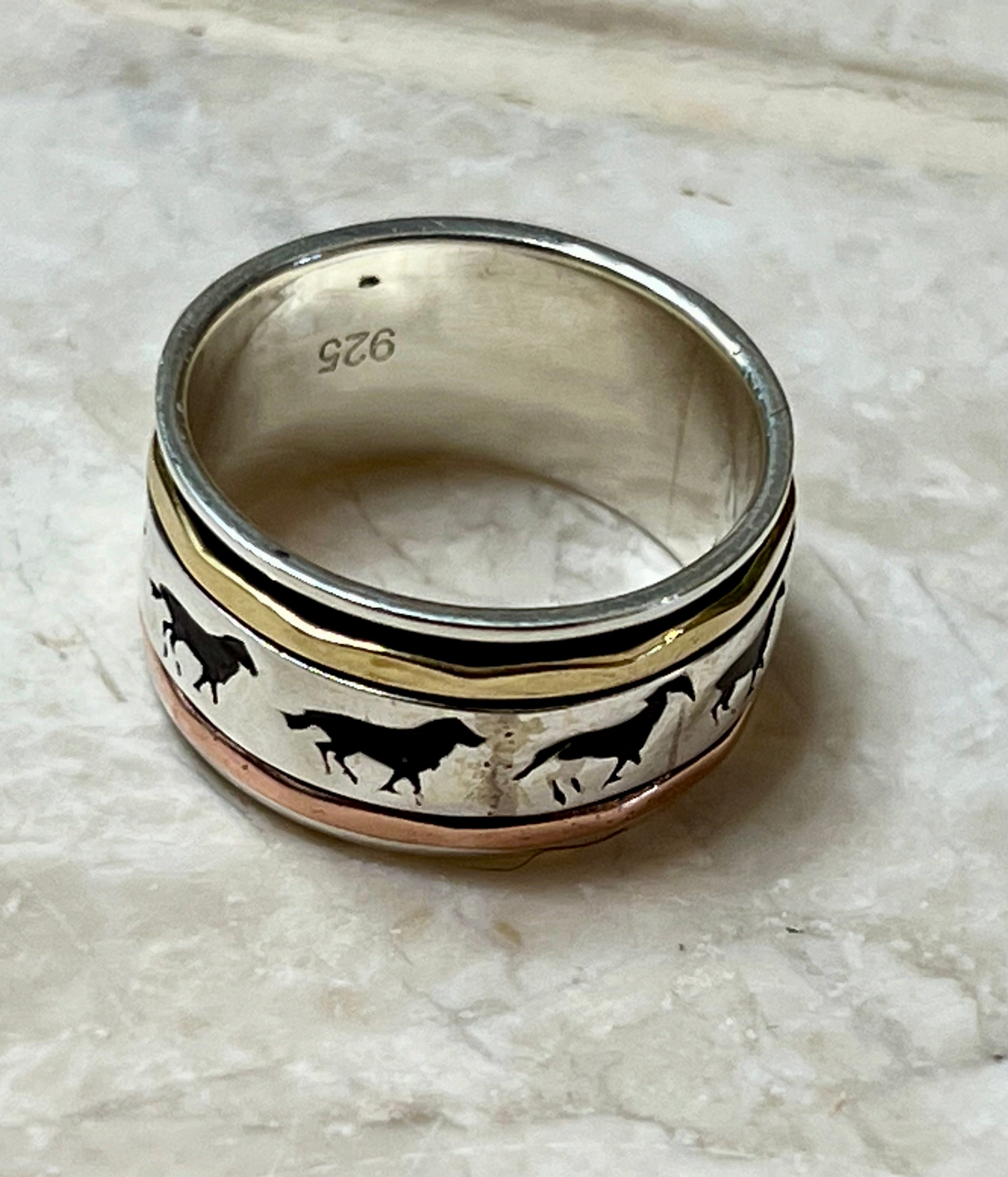 Running Horses Sterling Silver Copper & Gold Spinner Ring