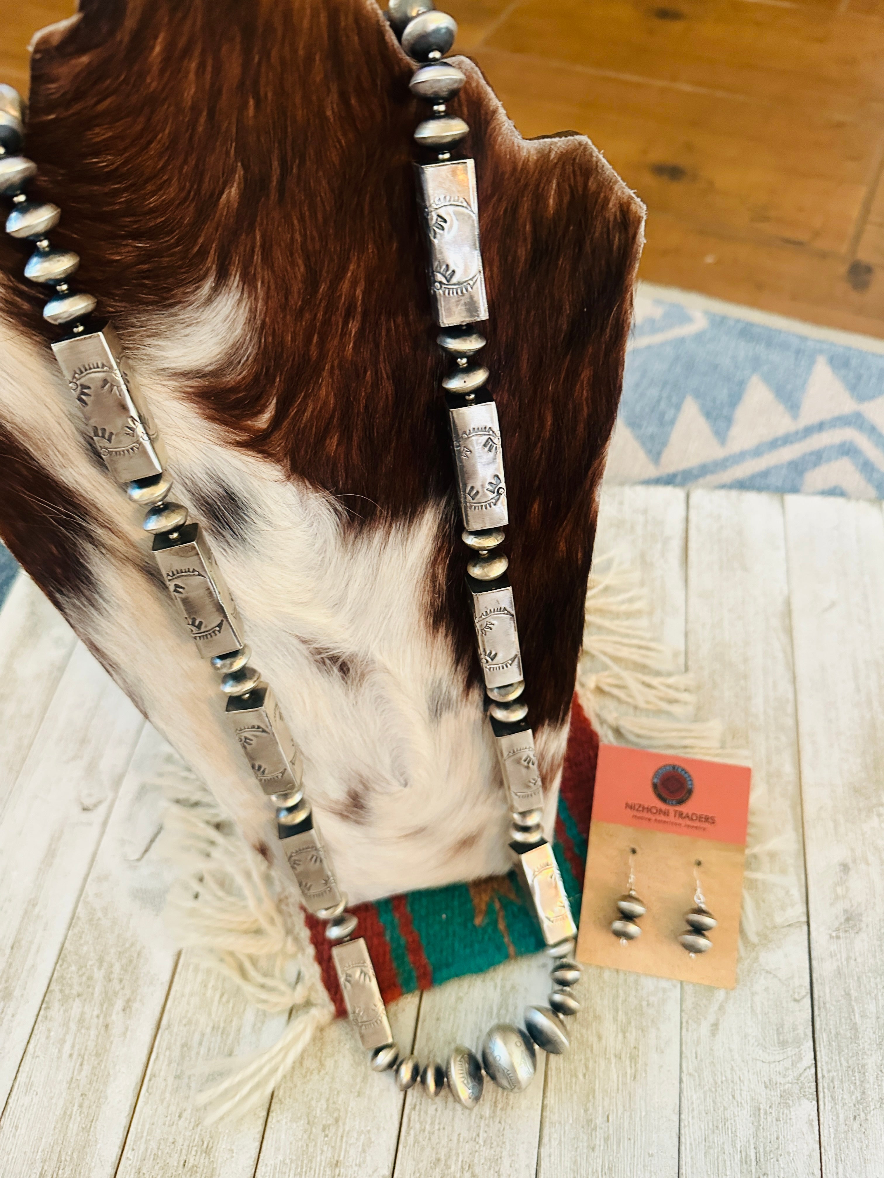 Handcrafted & Hand Stamped Sterling Silver Beaded Necklace & Earring Set