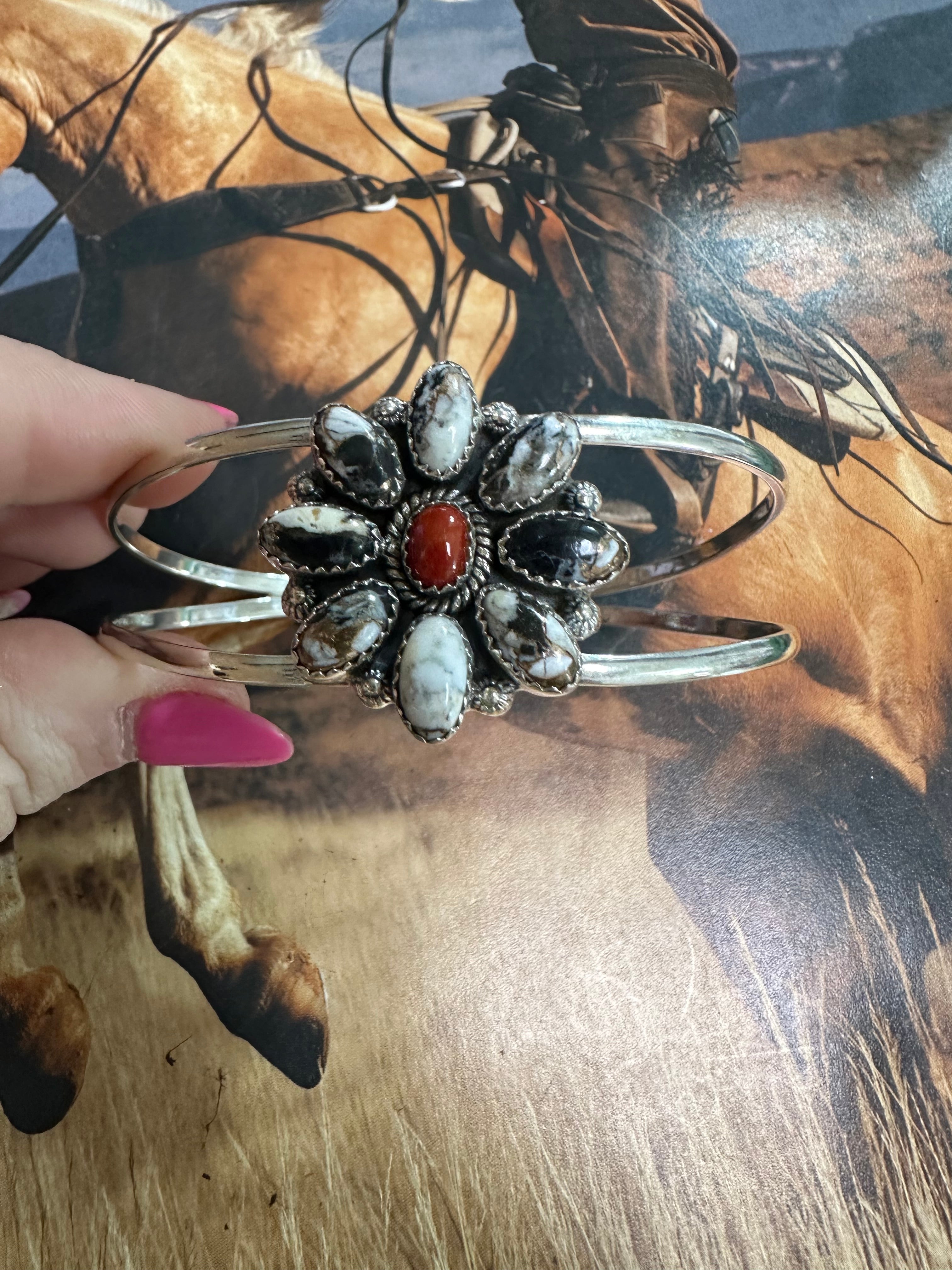 Handmade Sterling Silver, White Buffalo & Coral Adjustable Cuff Bracelet