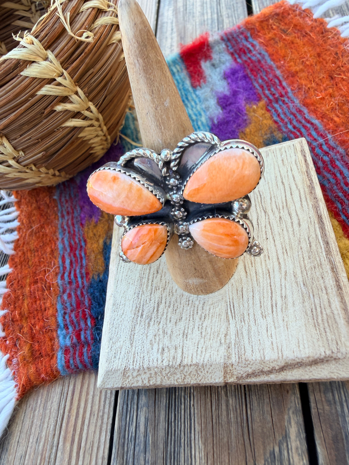 Handcrafted Spiny Oyster & Sterling Silver Butterfly Ring Size 7.75