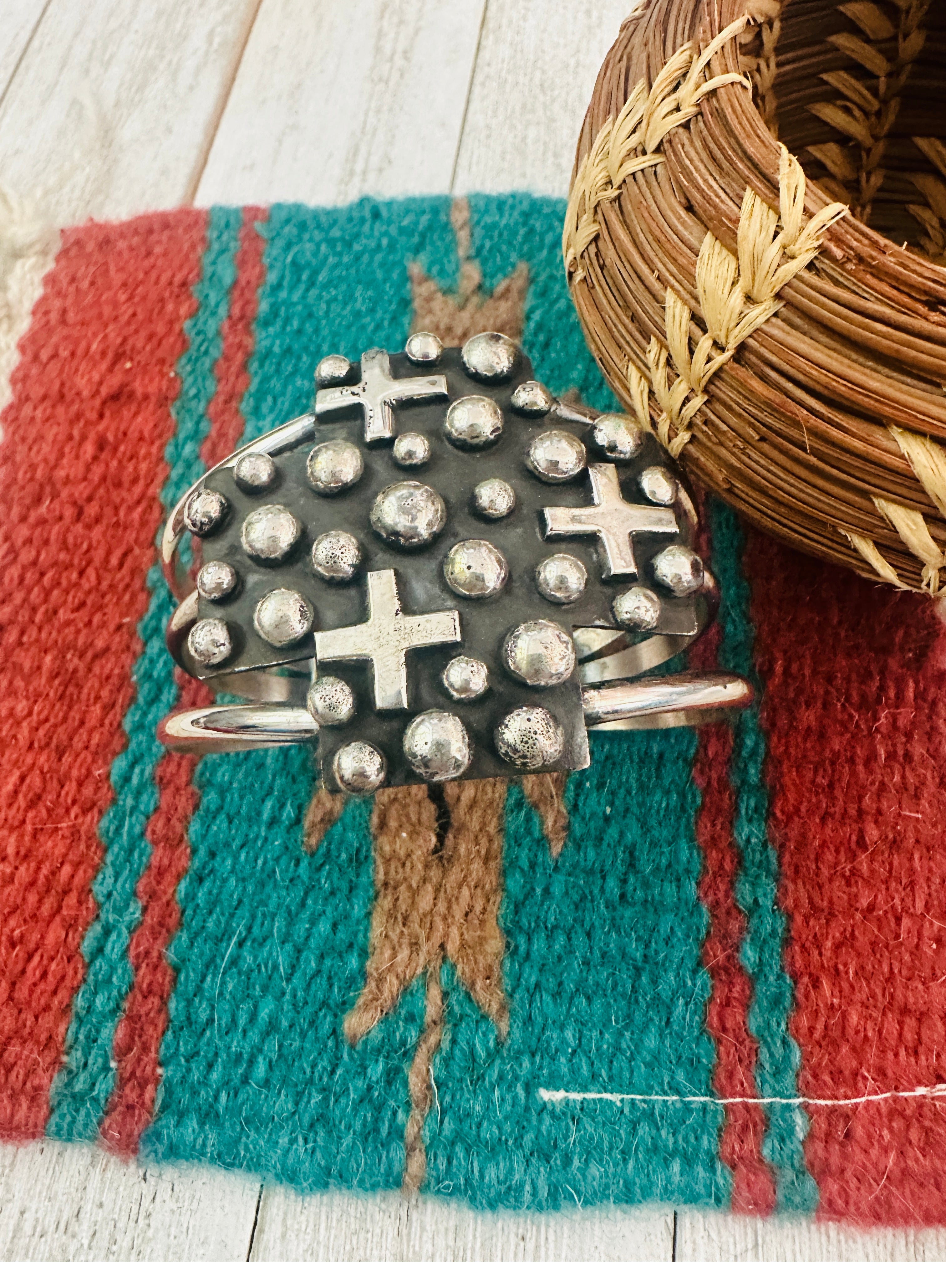 Navajo Hand Stamped Sterling Silver Cross Cuff Bracelet By Chimney Butte