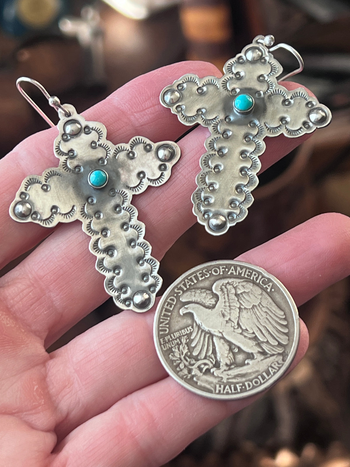 Hand Stamped Scalloped Sterling Silver Cross Dangle Earrings with Kingman Turquoise by Kimari Somers