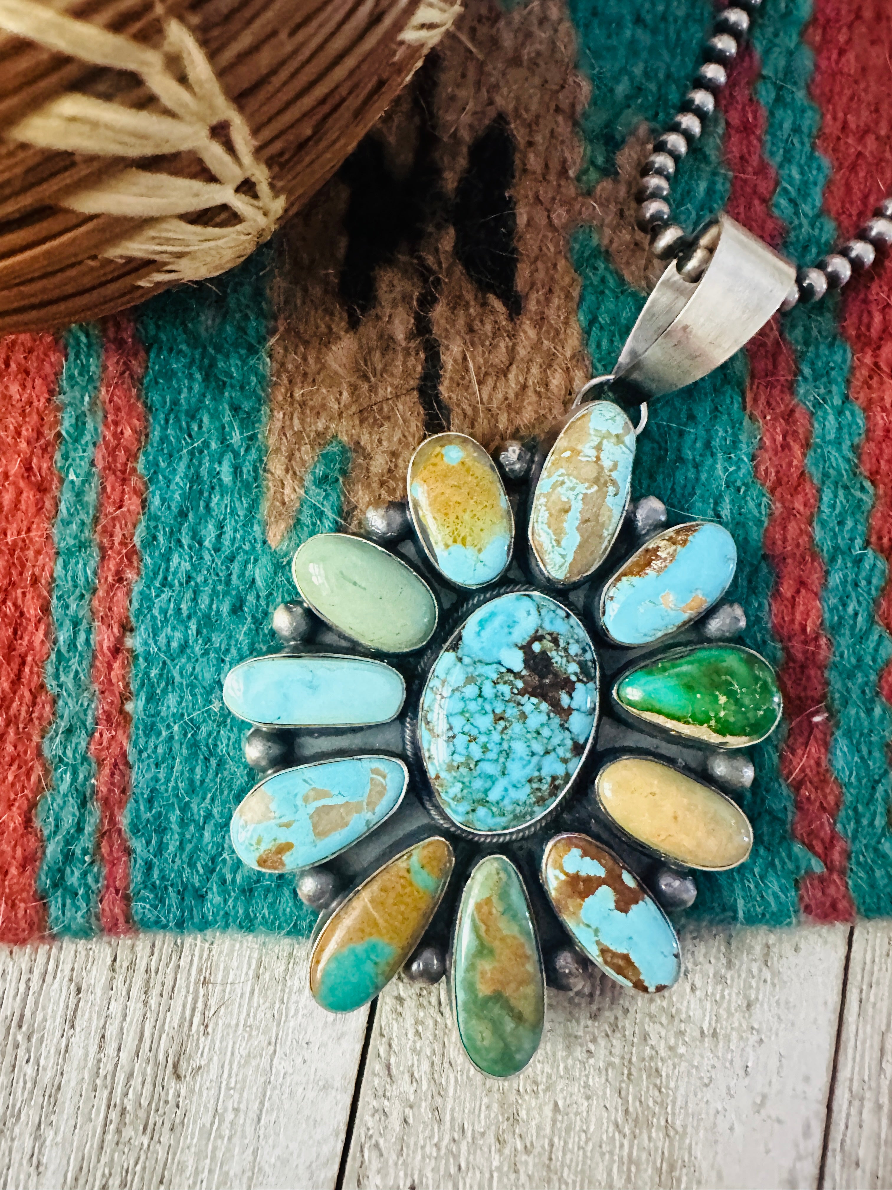 Handcrafted Sterling Silver & Multi Turquoise Cluster Pendant by Amos Jake