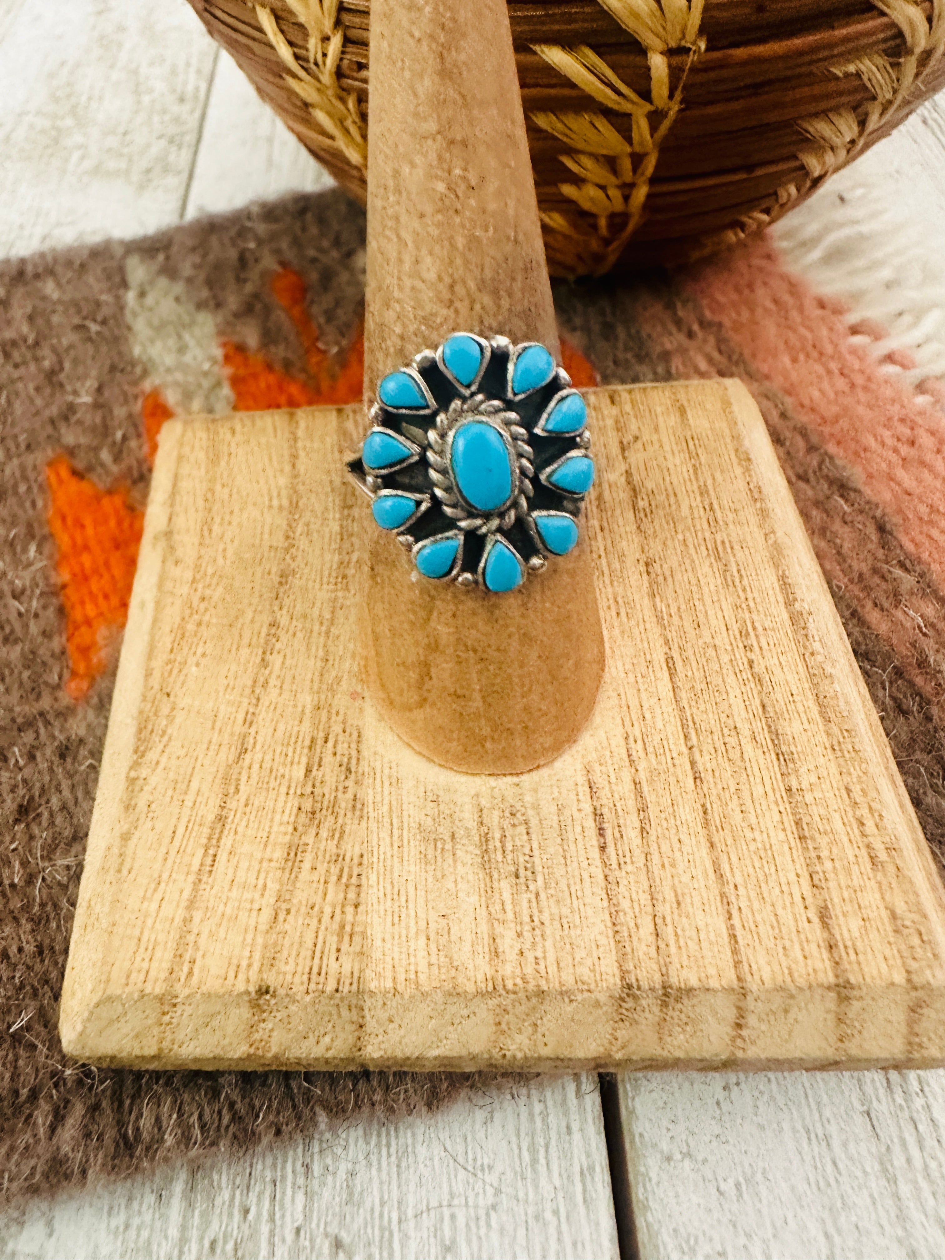 Navajo Turquoise & Sterling Silver Cluster Ring Size 7.25