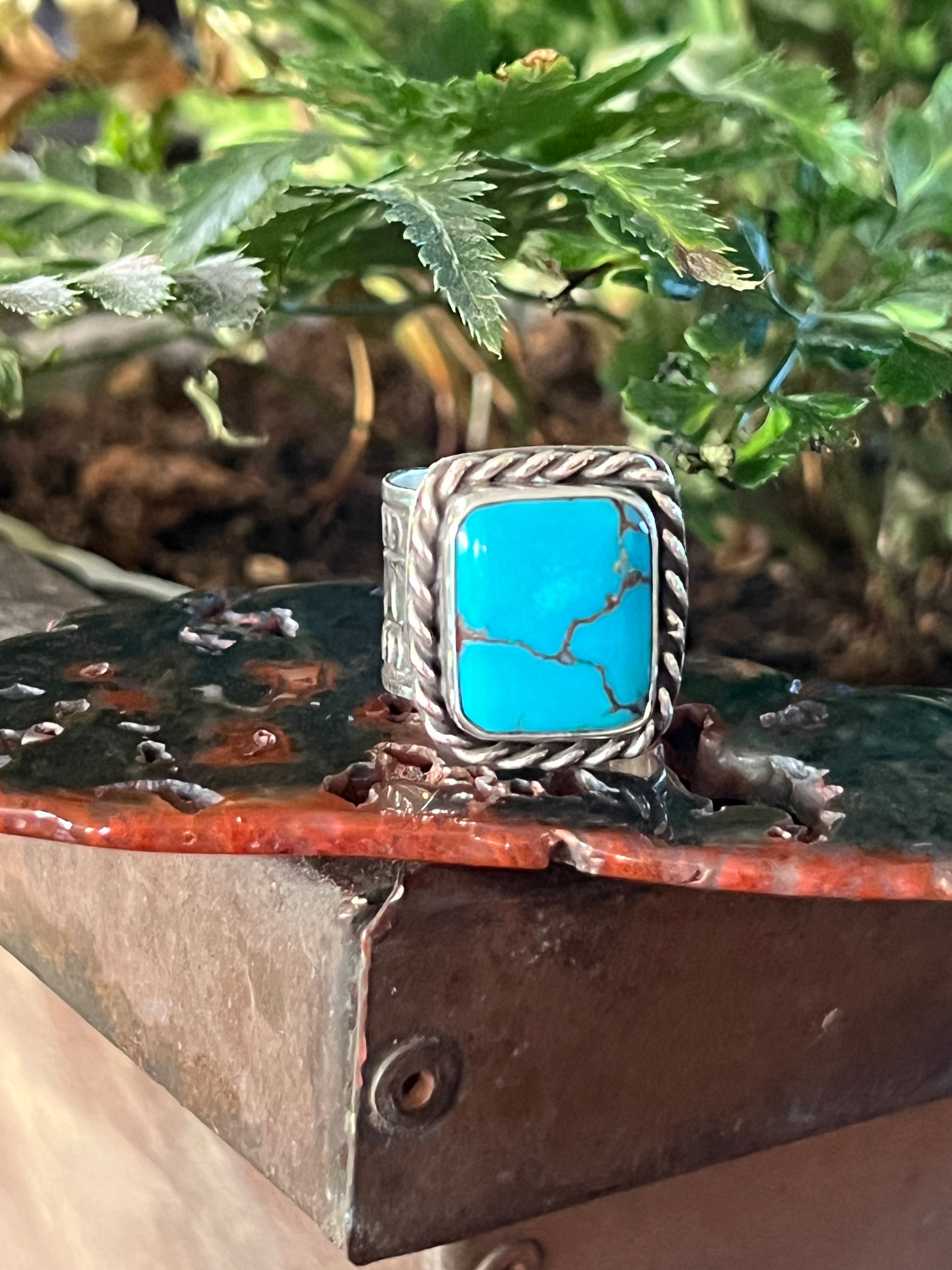Handcrafted Hand Stamped Sterling Silver Wide Shank Ring with Egyptian Turquoise by Shaun Rogers, Size 9