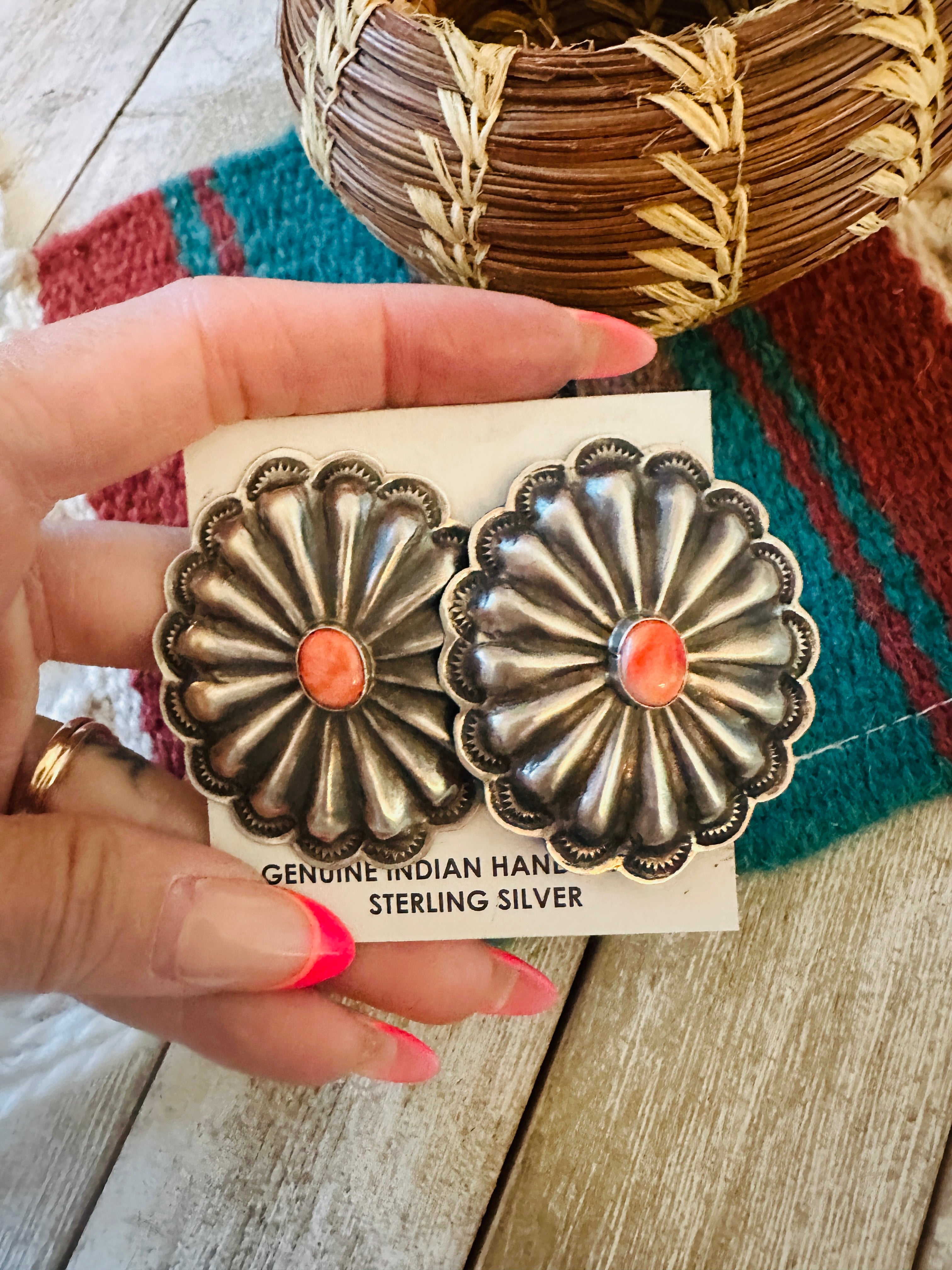 Handcrafted Orange Spiny & Sterling Silver Concho Post Earrings