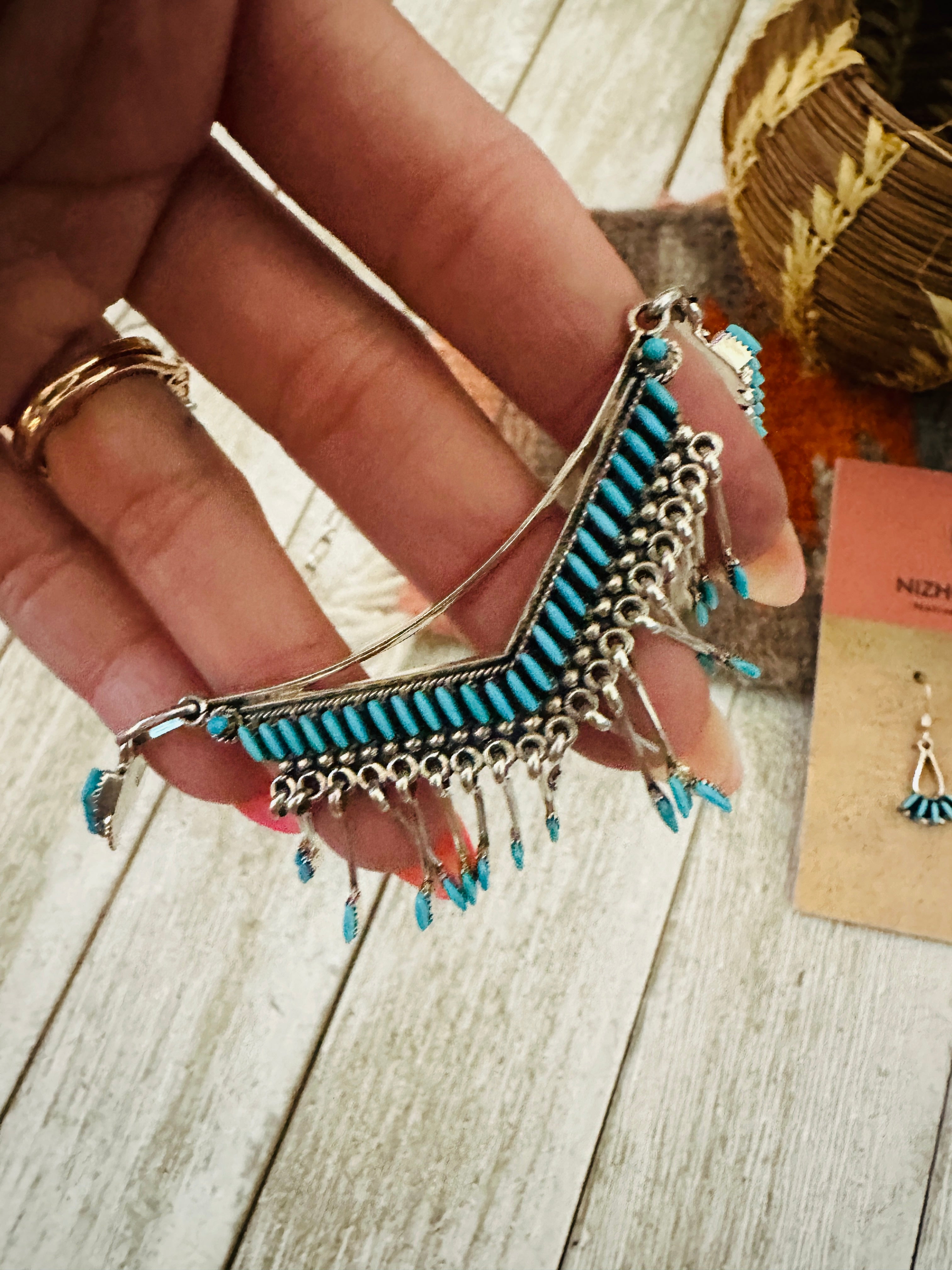 Handcrafted Sterling Silver & Turquoise Needlepoint Necklace Set