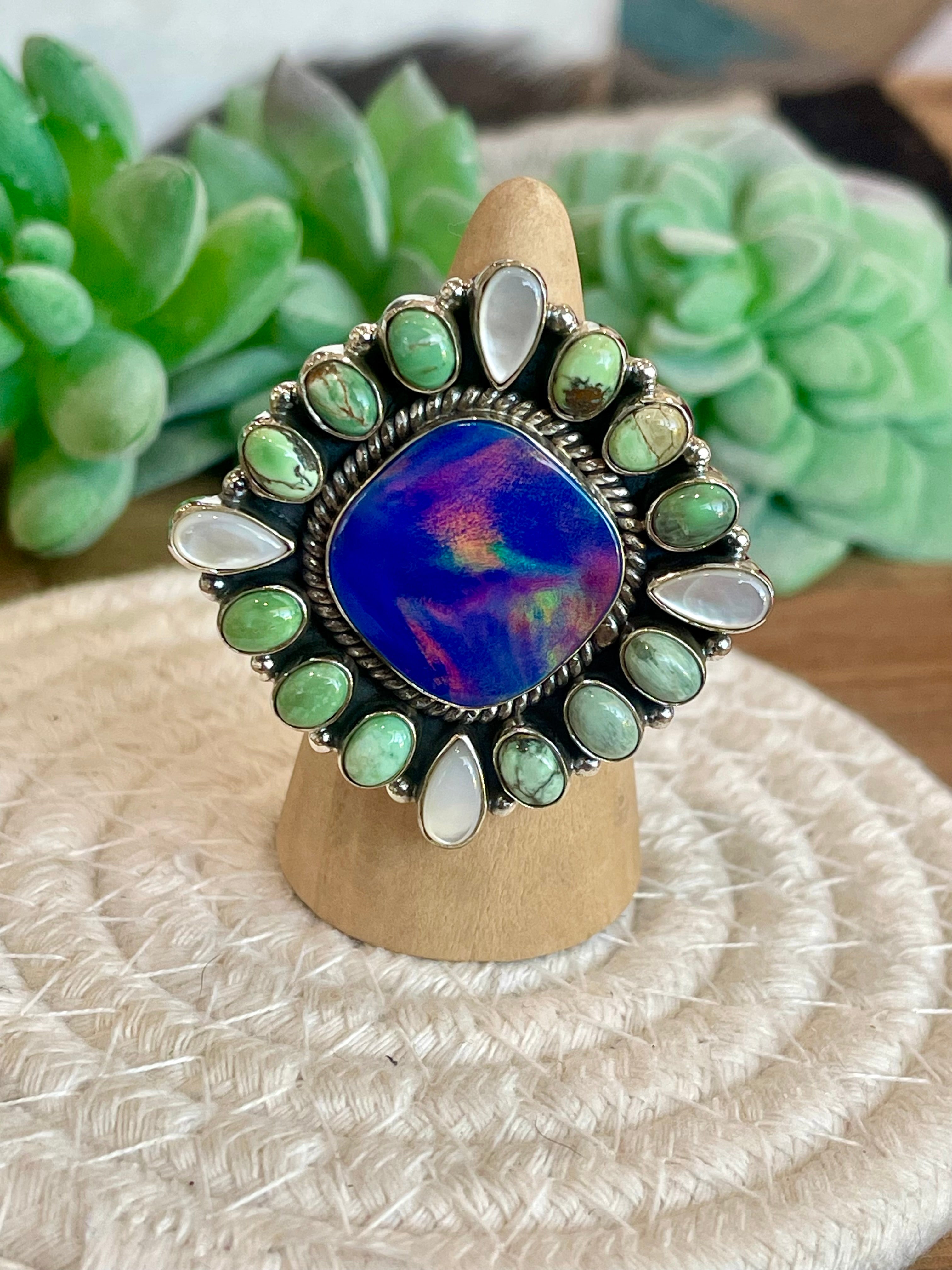 Handmade  Blue Opal, Mother Of Pearl, Turquoise And Sterling Silver Adjustable Ring Signed Nizhoni