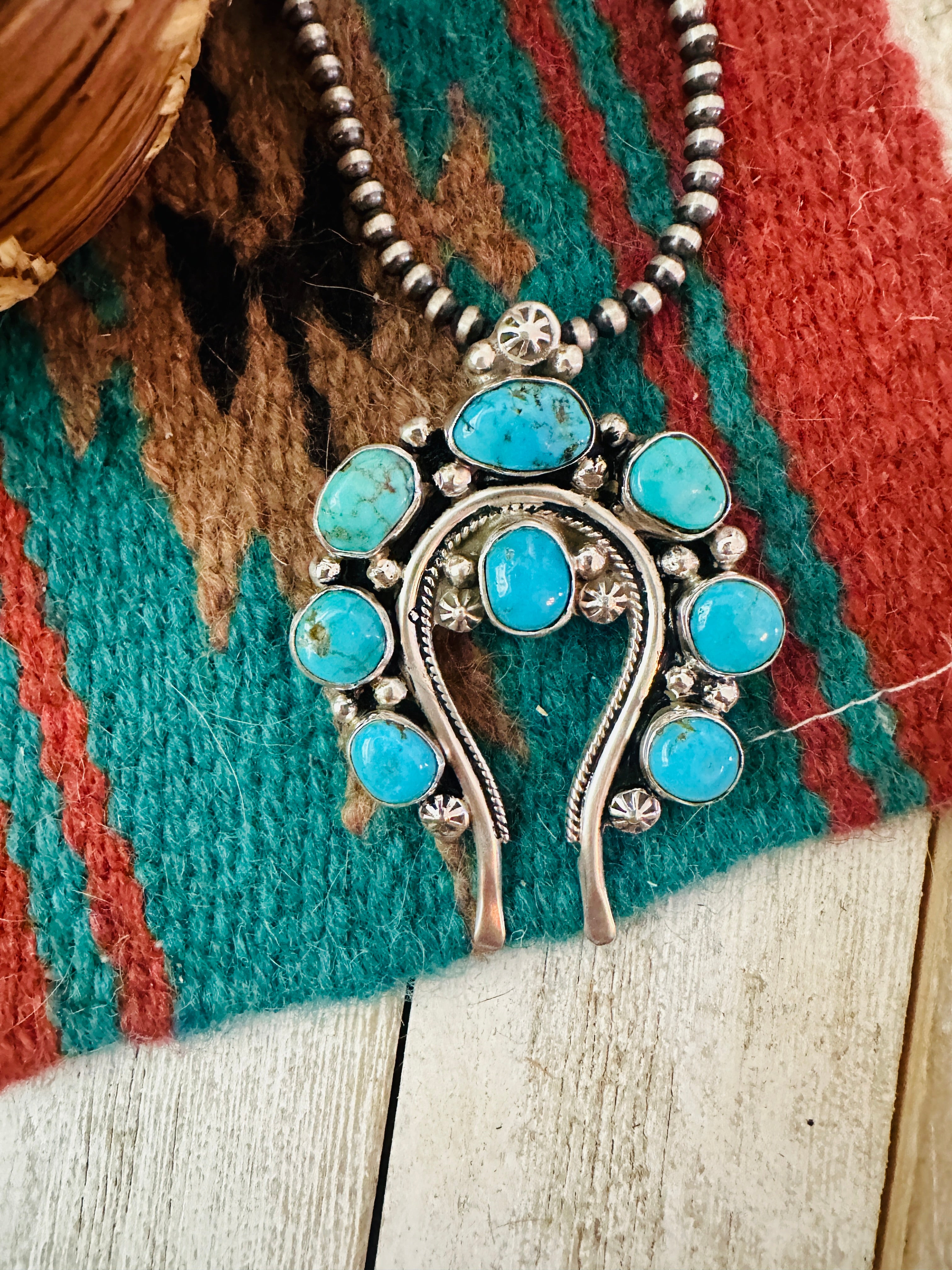 Navajo Sterling Silver & Kingman Turquoise Naja Pendant