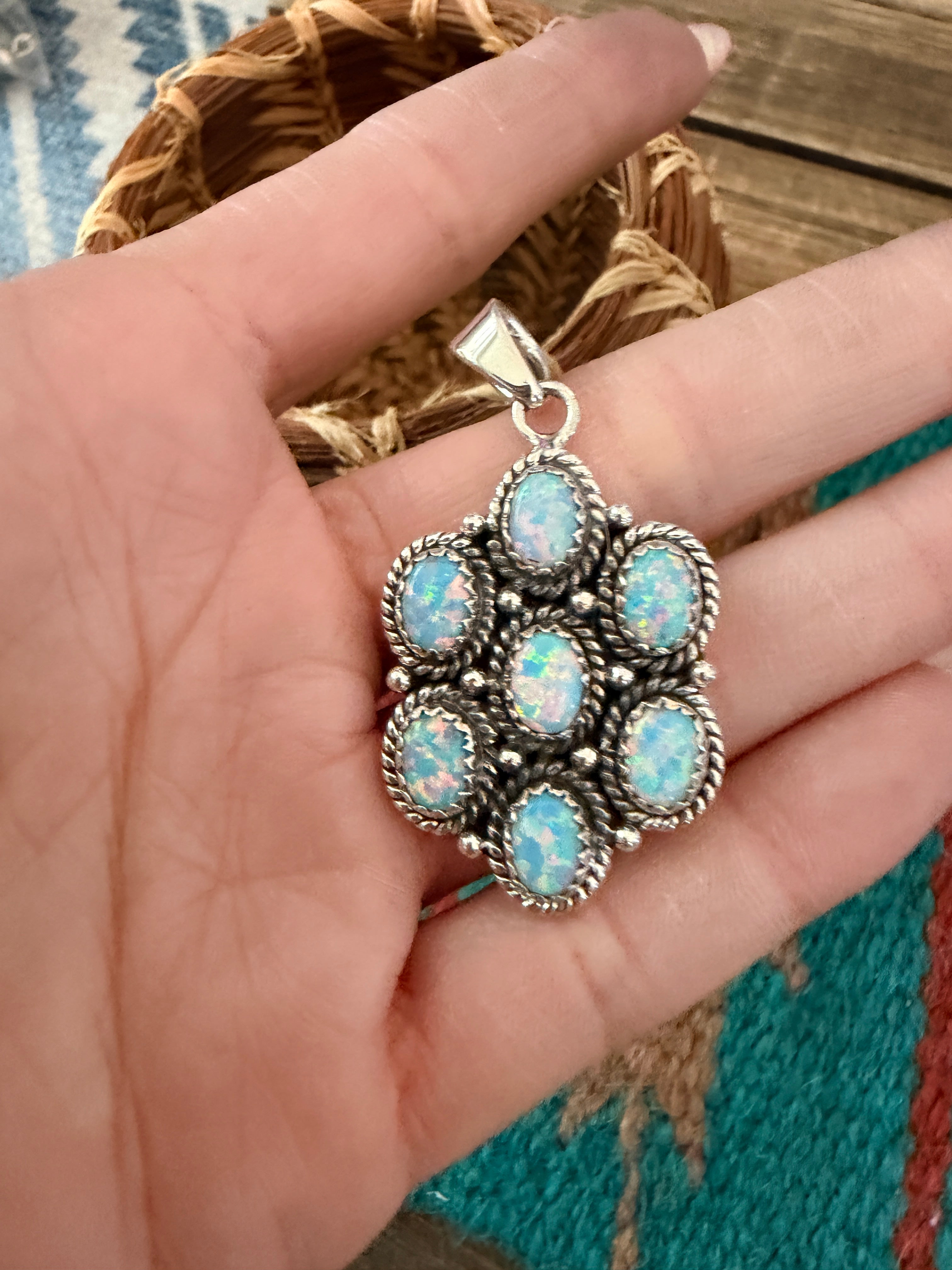 Handmade Sterling Silver & Opal Cluster Pendant Signed Nizhoni
